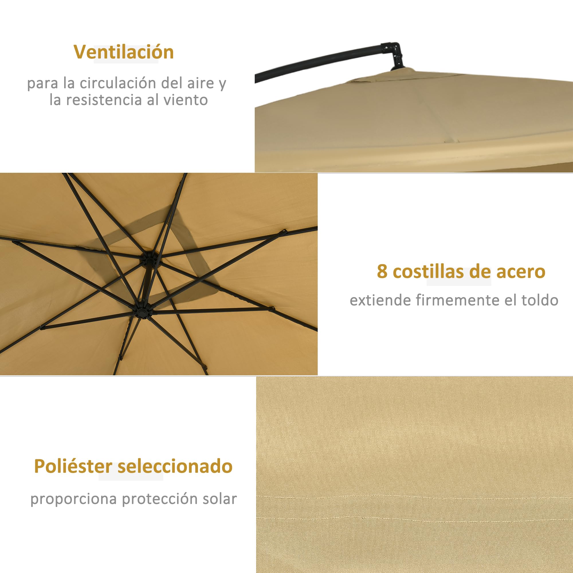 Outsunny Parasol Excéntrico Ø 295 cm con Mosquiteras y Manivela Beige | Sombrilla de Jardín, Ángulo Ajustable, Base Cruzada, para Terraza Patio Exterior