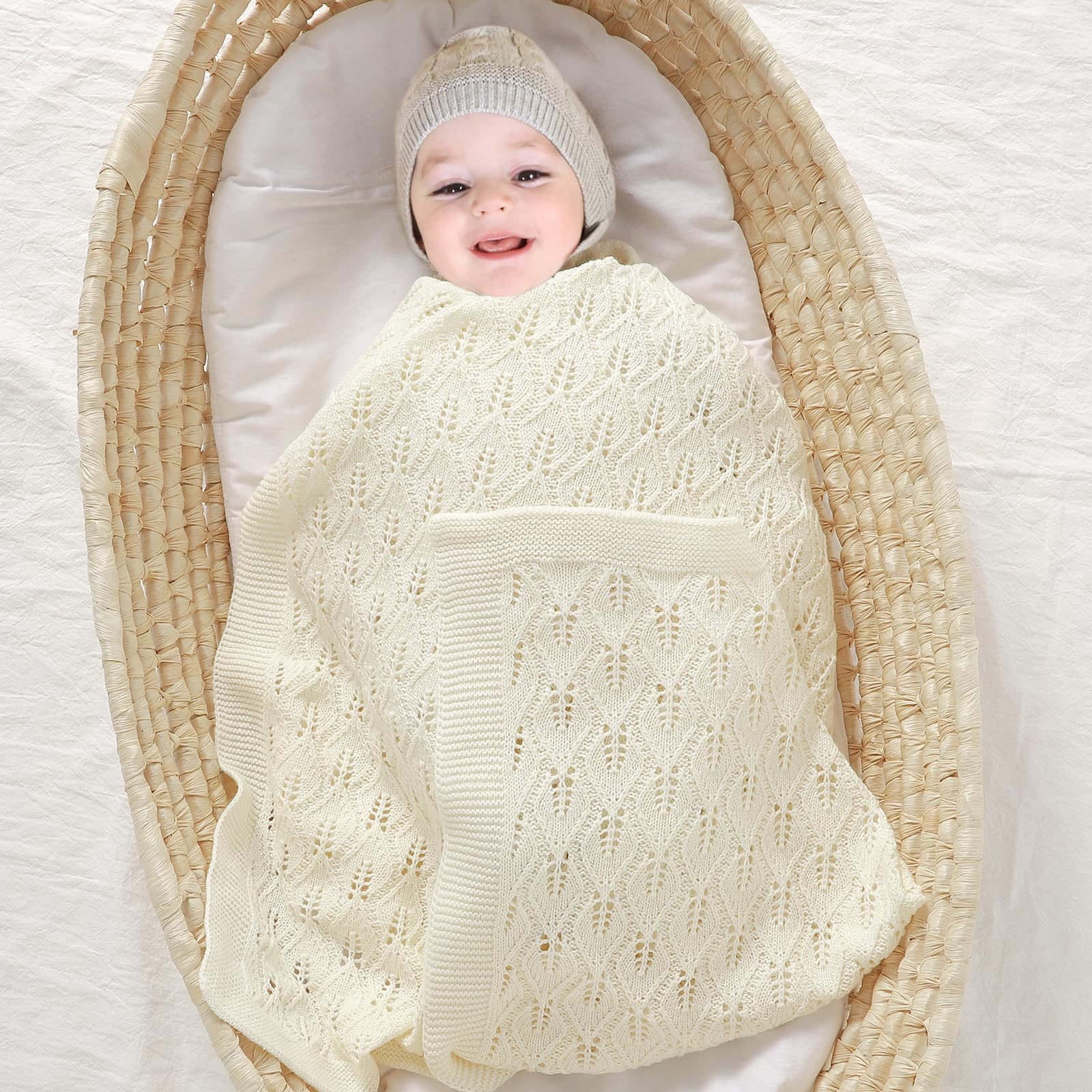 mimixiong Coperta in 100% cotone lavorato a maglia cellulare, per neonati (avorio)