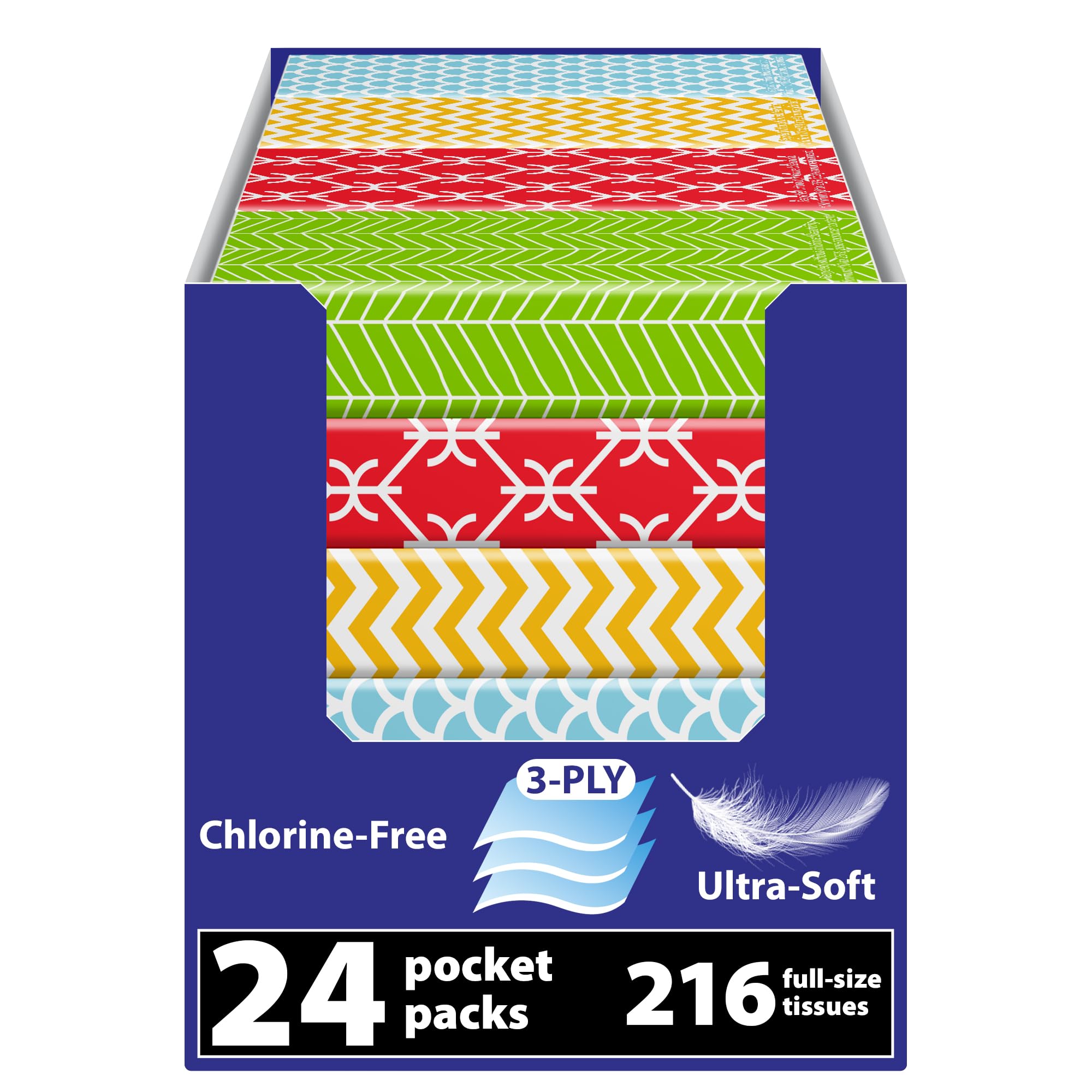Funwares White Facial Travel Tissue Packs, Non-Bleach, Chlorine-Free, Compact Pocket Tissues for Car, Purse, School, Work, On-the-Go Tissue Packs, Geometric Design, 24 Packs, 216 Tissues, 3-Ply Sheets