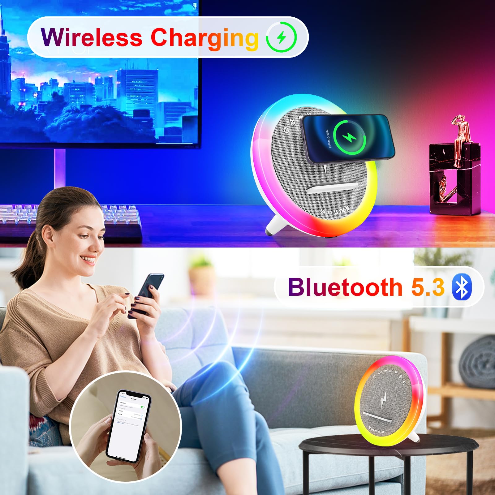 Lampe chargeur sans fil, Réveil avec chargeur à induction, Haut-parleur Bluetooth éclairage ambiant synchronisé avec la musique, Réveil numérique, pour lit/salon