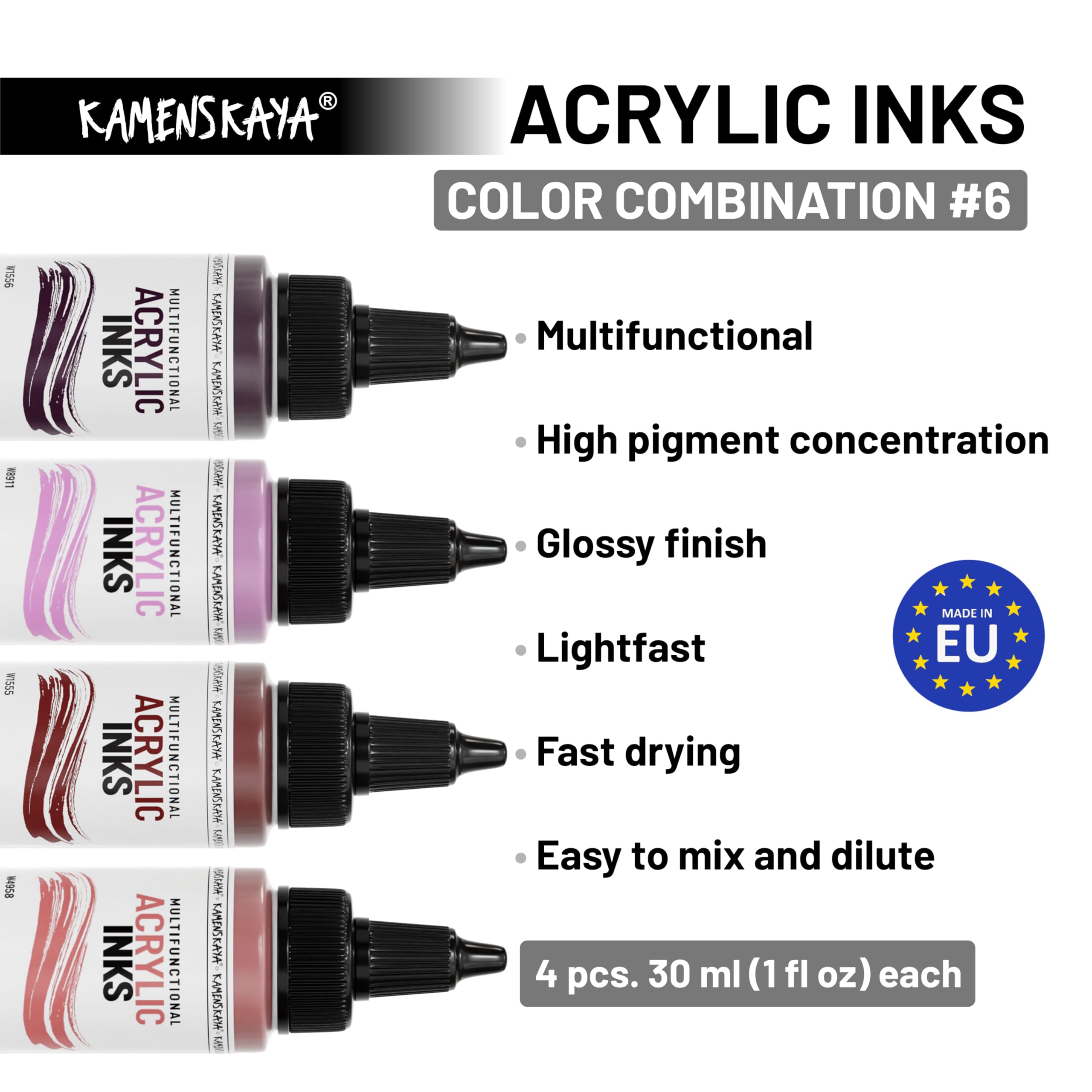 Kamenskaya Acrylic Inks for Artists - Acrylic Ink Set, Color Combination #6-4 pcs. 1 Fl Oz (30 ml) Each, 30 ml (Pack of 4) - Image 3