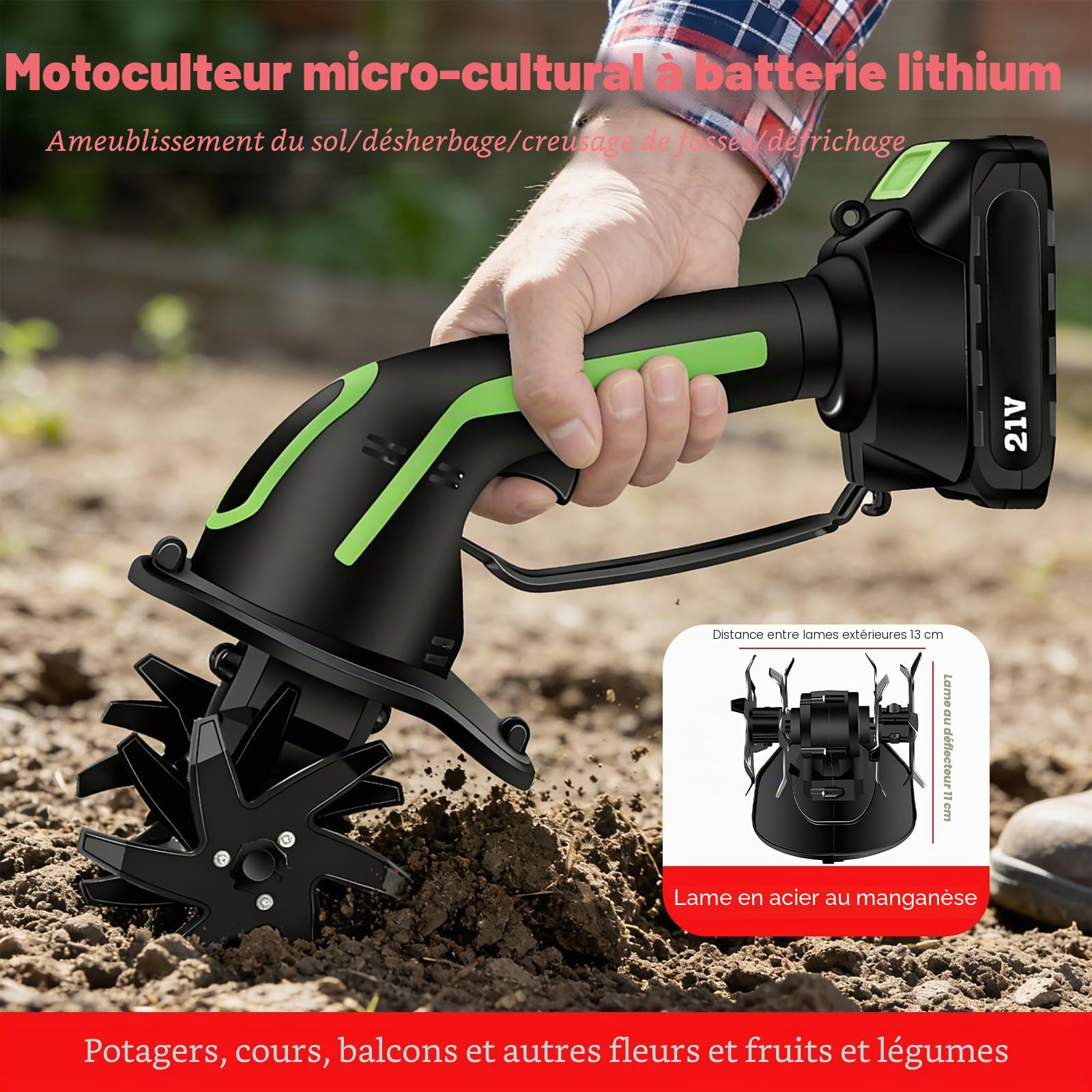 Motobineuse Electrique 650 W, Mini Motobineuse avec Batterie 3000 mAh, Tige de 1,3 m,Largeur de Travail 10 cm, Profondeur de Travail 10 cm pour Ameublir Terre Jardin et Verger (2 Batteries)