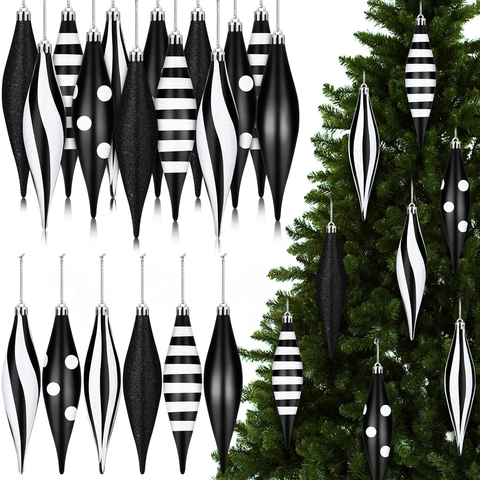 Boules de Noël noires et blanches de 9 cm pour une décoration de sapin moderne et festive