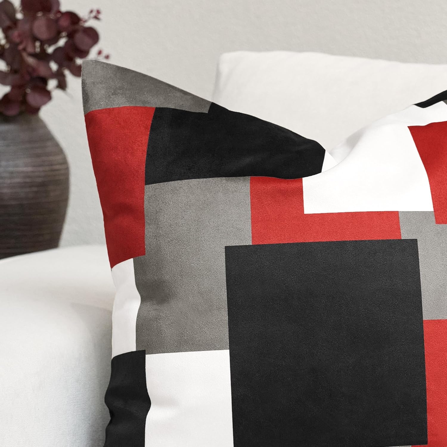 Tyrot Red Black Throw Pillow Covers, 20x20 Inches Set of 2 Modern Abstract Geometric Pillowcase, Red White Square Accent Cushion Case, Soft Pillow Cover for Couch Sofa Bedroom Living Room