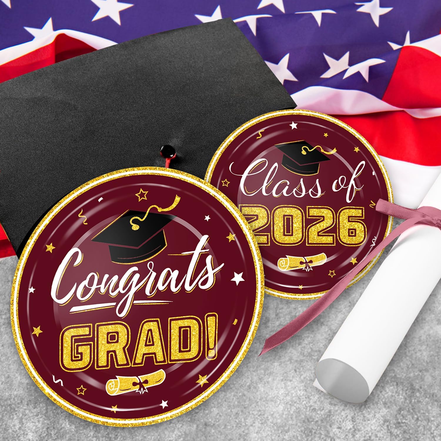 Graduation Plates and Napkins - Disposable Paper Plates Cocktail Napkins Luncheon Napkins for Maroon and Gold Graduation Party Decorations, Serve 50 image 3