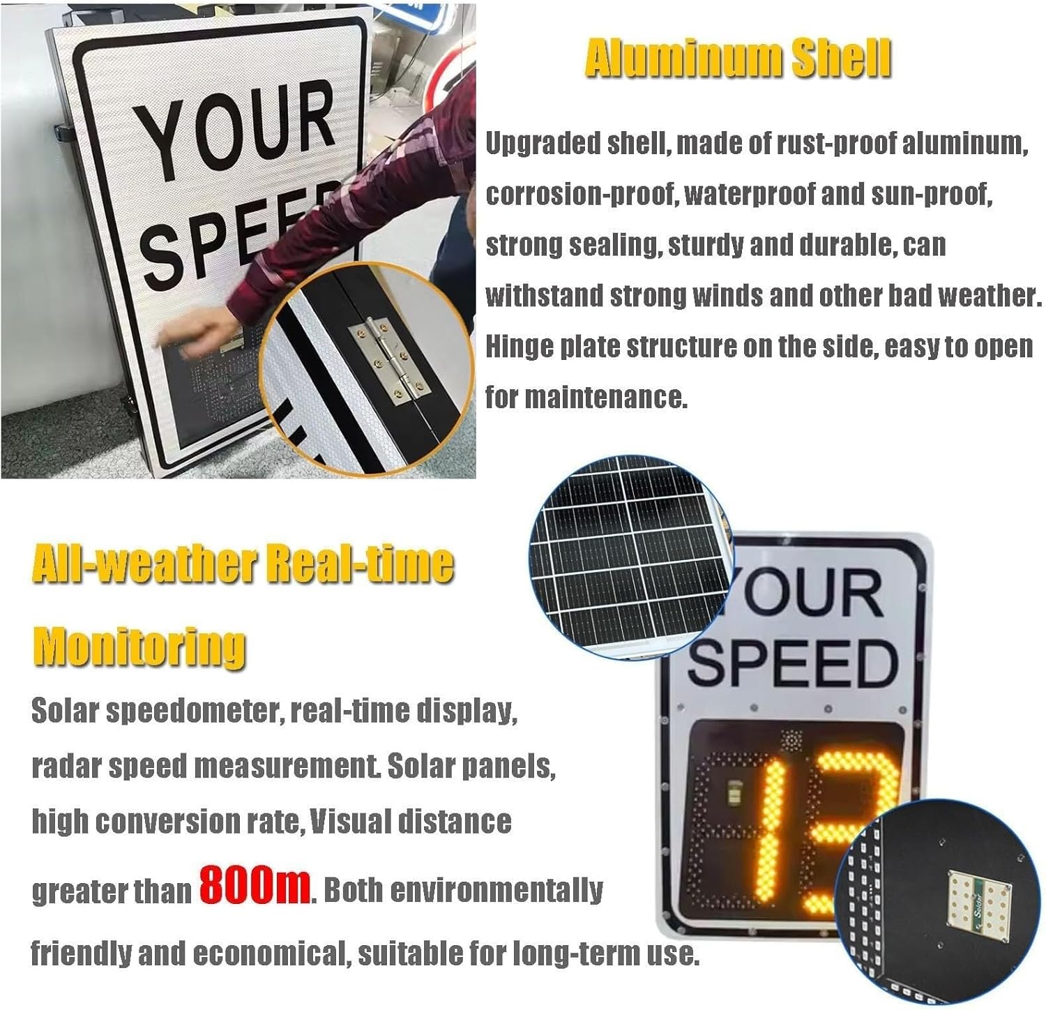Solar Speed Limit Sign, Rust-Proof Aluminum LED Radar Speed Display for Road Speeding Warning, Weatherproof(Yellow,50 * 70cm)