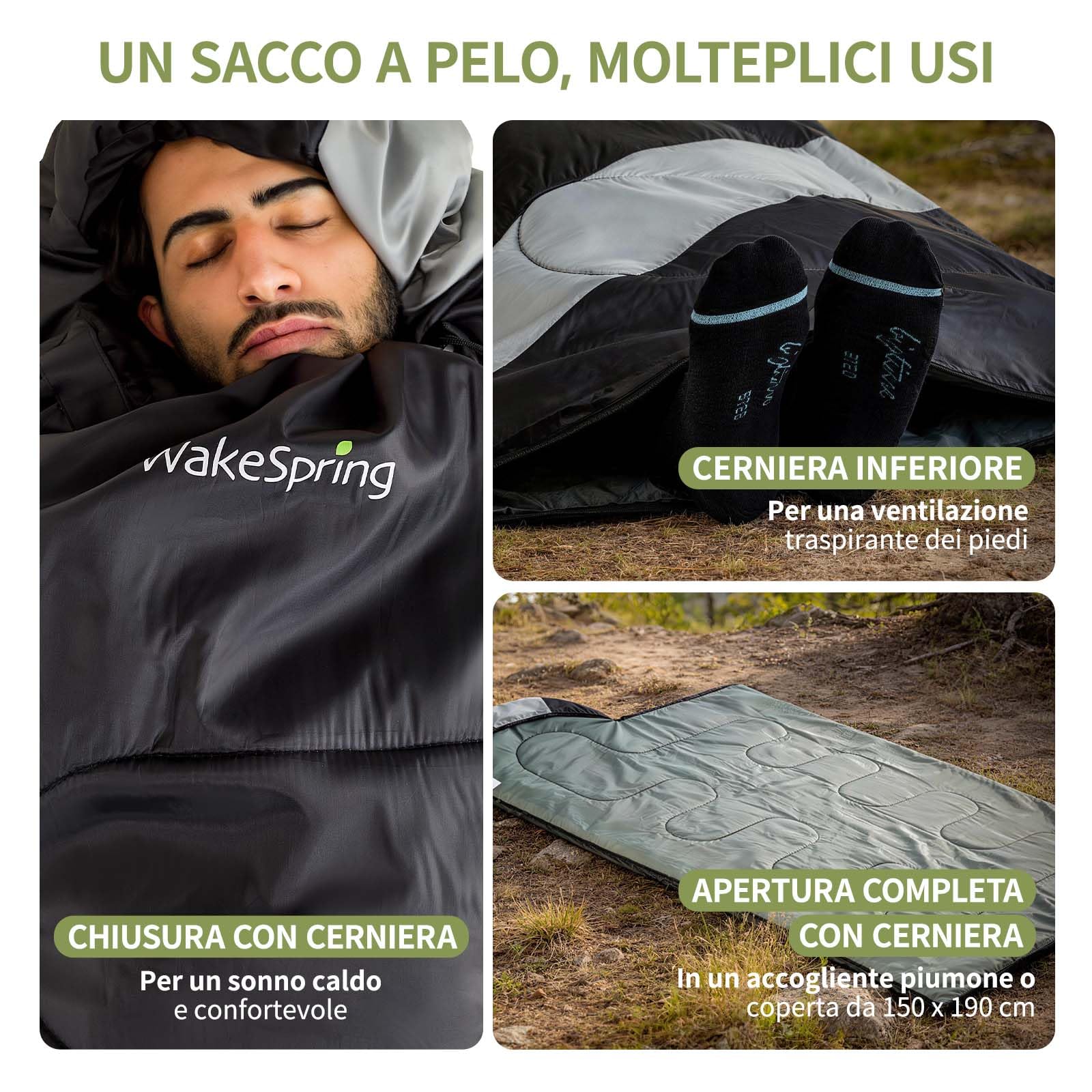 Sacco a Pelo Adulto 3 Stagioni, Leggero e Idrorepellente, Sacco a Pelo da Campeggio con Sacca, Unibile per Uso Doppio, Apribile come Coperta, per Camping, Escursionismo e Viaggio