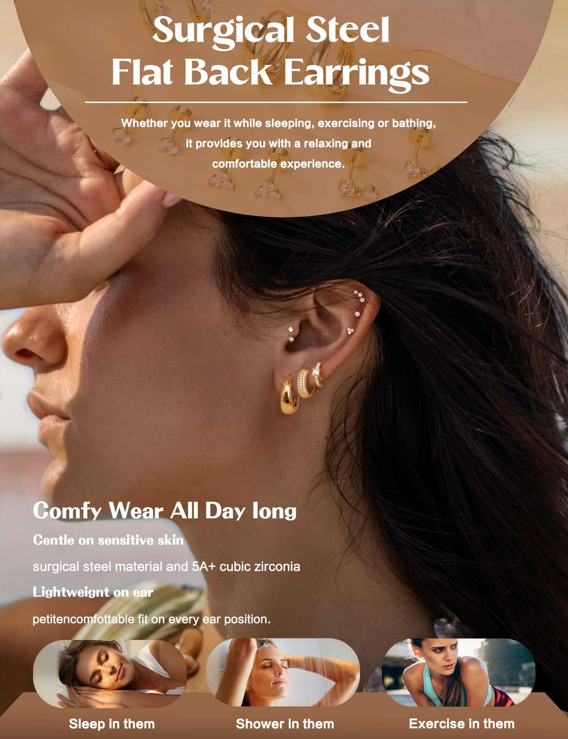 CASSIECA 7 par kolczyków damskich ze stali chirurgicznej, kreolki, płaskie, zamknięcie do wielokrotnego piercingu, 14-karatowego złota, tragus, piercing do ucha