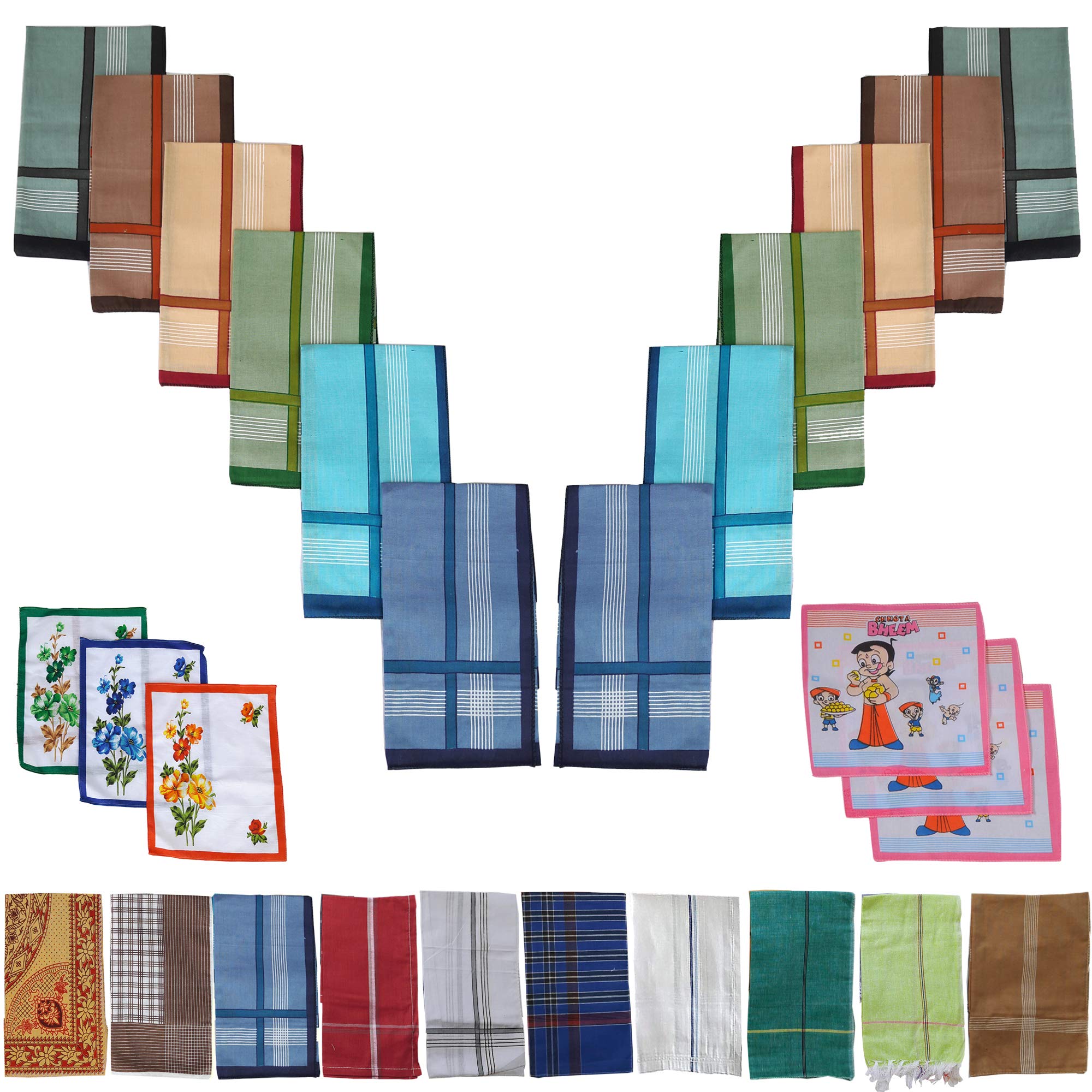 SAI PRASEEDA 100% Pure Soft Cotton Hand Kerchief_Hanky Multi Color Pack of 12 with Free 3 Ladies Kerchief_3 Kids Kerchief SP9-picture-33