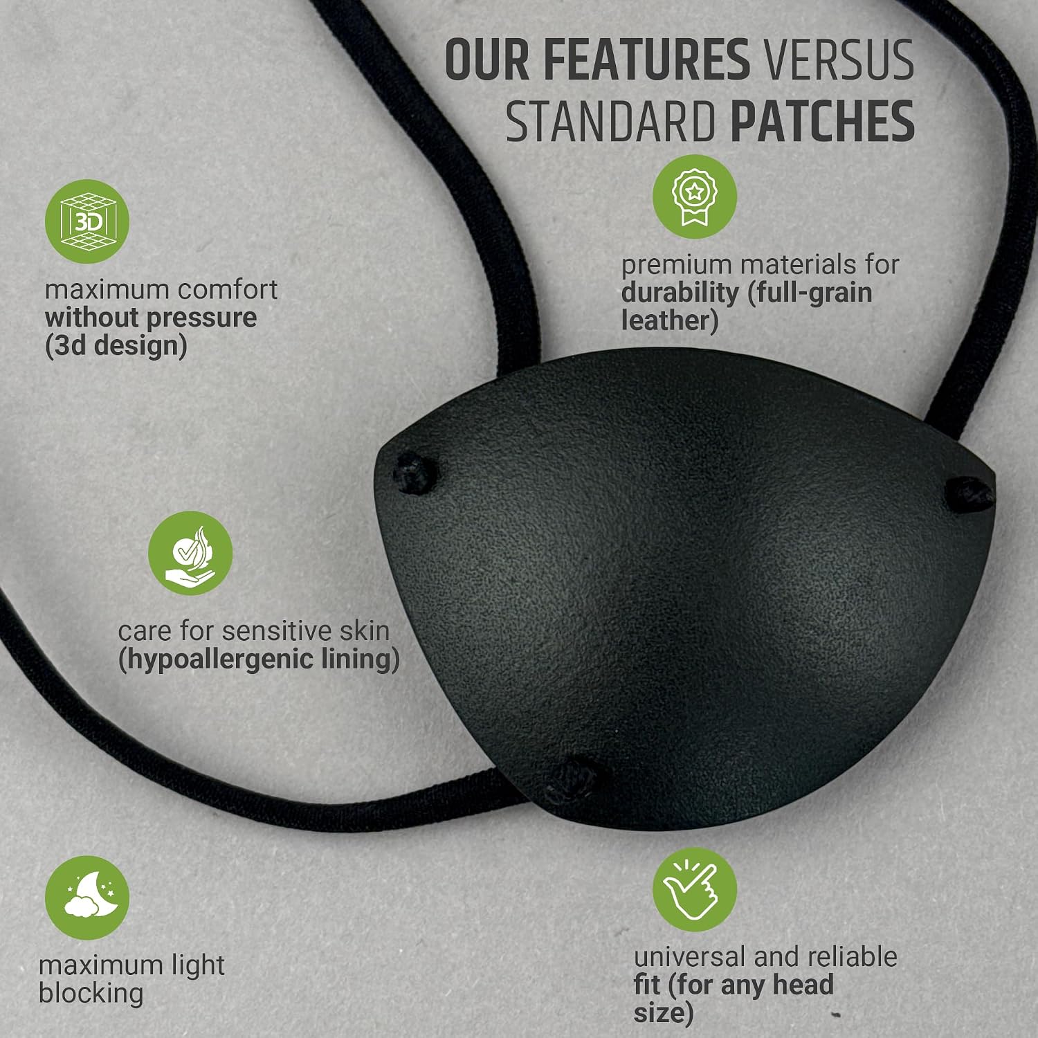 Black Premium Handmade Leather Eye Patch with Soft Foam Padding, Concave Adult Eye Patch for Men and Women