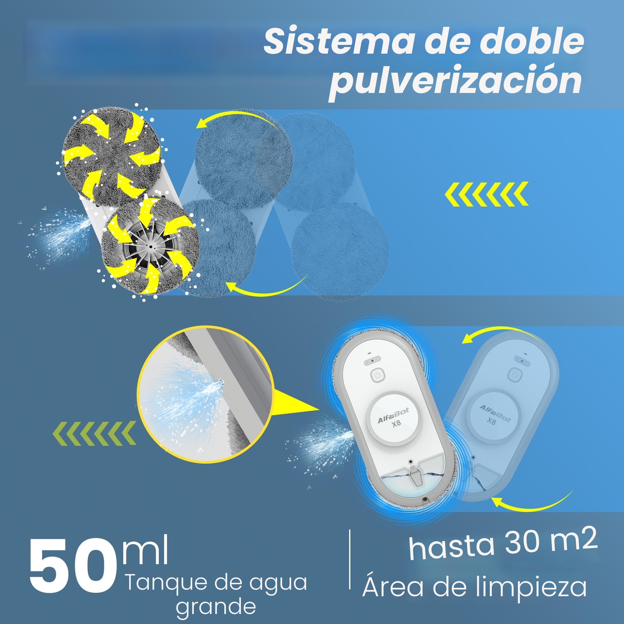 AlfaBot X8 Robot Limpiaventanas Eléctrico Inteligente, Limpieza Automática con Spray Bidireccional, Depósito 50ml, Aspiración 4980PA, Anti-Caída, para Ventanas, Espejos y Superficies de Cristal