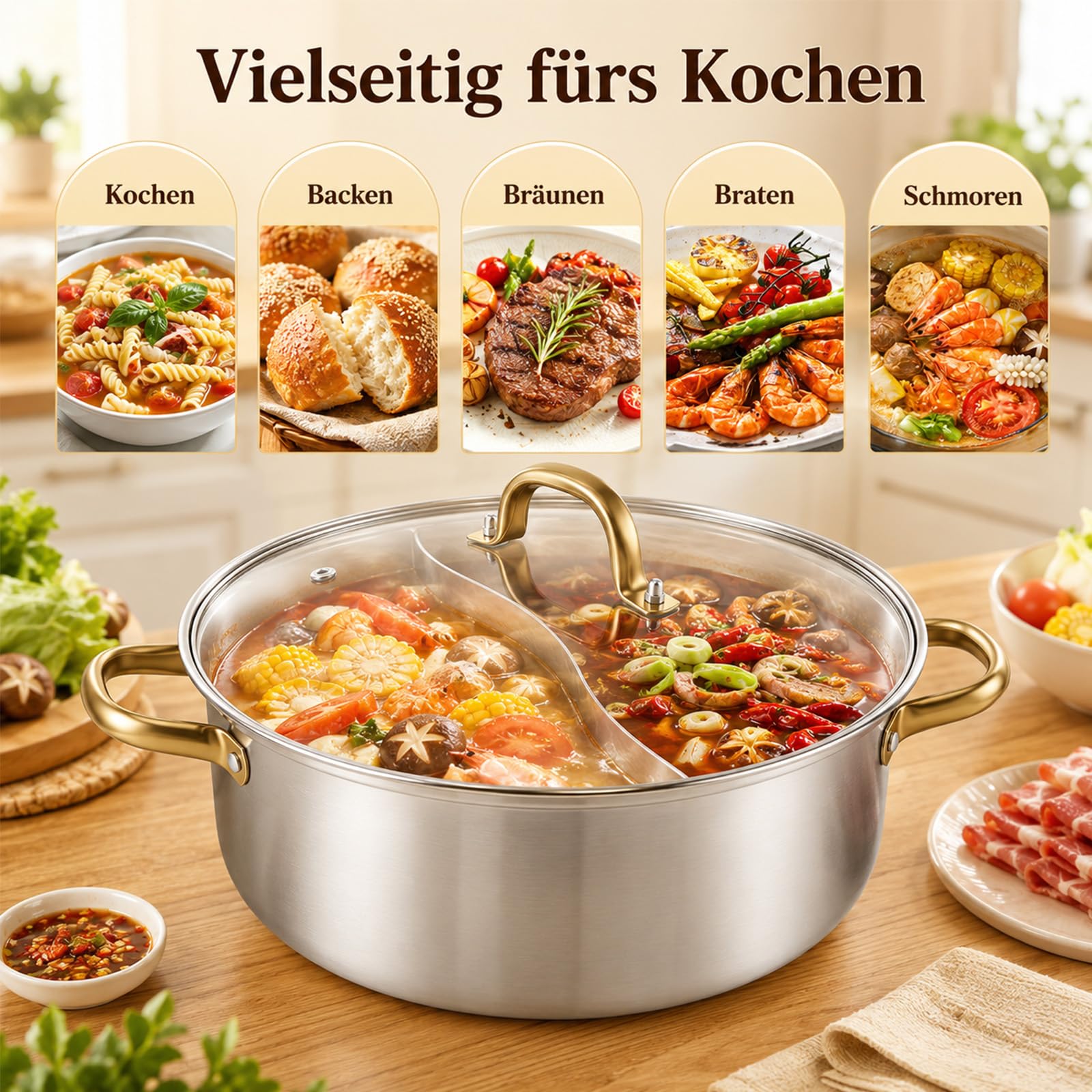 Hot Pot - Pentola cinese in acciaio inox Yin Yang Hotpot per padella a induzione, adatta per tutti i tipi di fornelli, adatta per forno (30 cm)