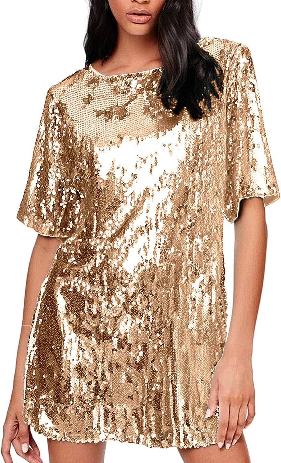 Women's Crew Neck Sequin Dress for Women Sexy V Neck Shirt Dress Sparkly Half Sleeve Loose Party Club Cocktail Dress - Image 7