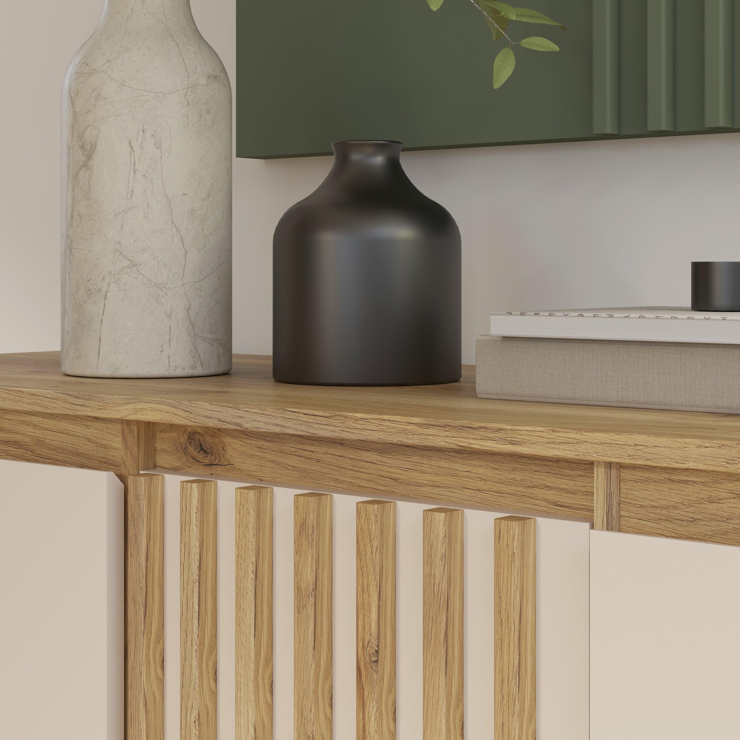 Forte ELISTON Kommode 160, modernes Sideboard mit Lamellendesign, 2-türig, 3 Schubladen, Wohn-/Schlafzimmer, Mauvella Eiche Holzdekor|Kashmir Beige, 159,3 cm breit x 84,9 cm hoch x 41,5 cm tief