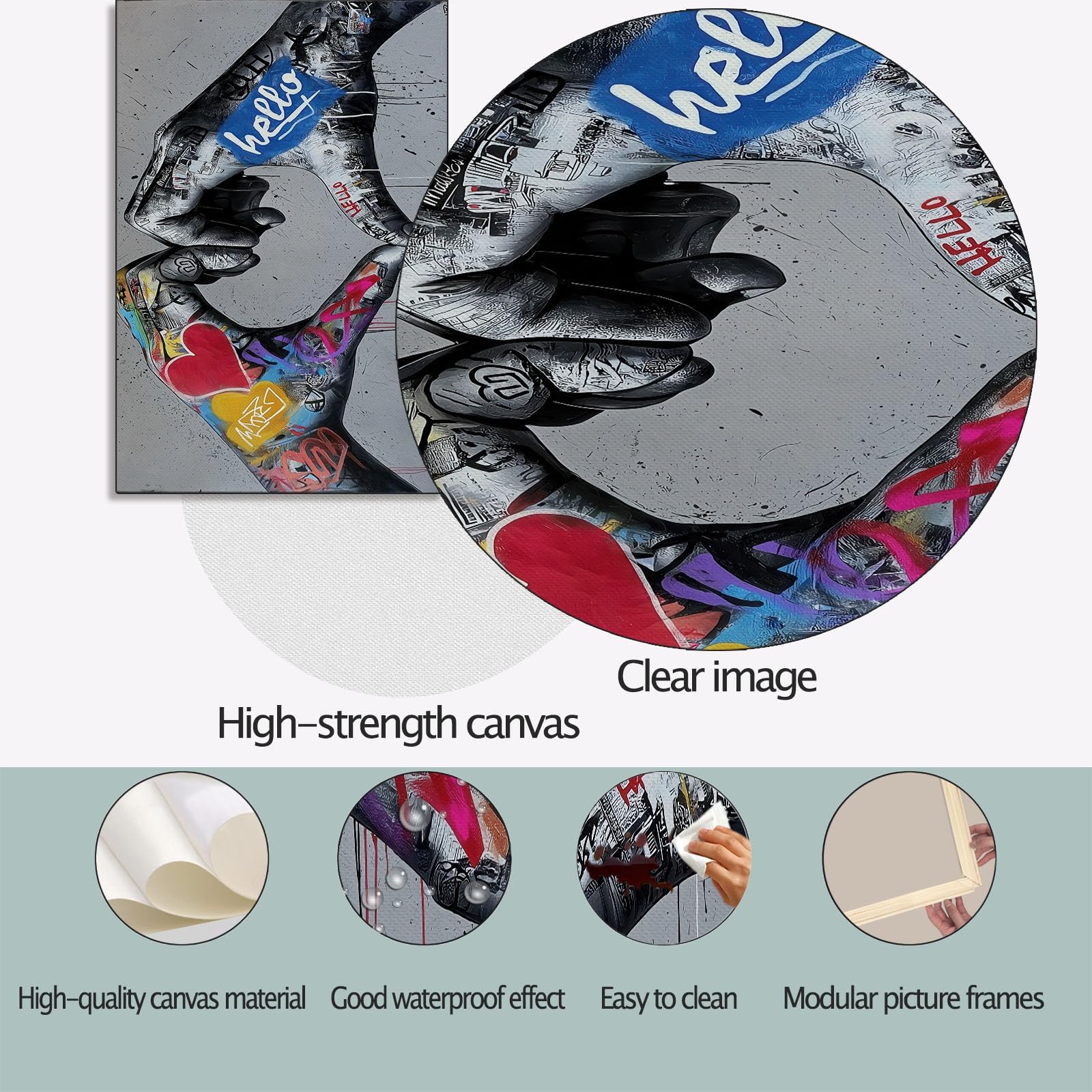 Stampa artistica da parete su tela con mani a forma di cuore e graffiti, stampe su tela per soggiorno, camera da letto, ufficio, grigio impermeabile, per bagno, 99 x 50,8 cm, senza cornice
