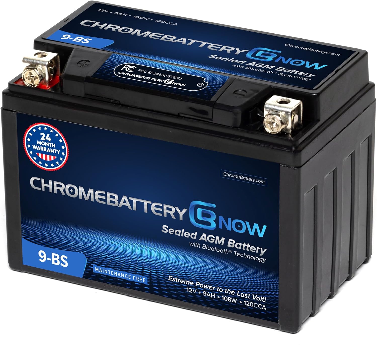 CHROMEBATTERY NOW YTX9-BS 12V 120 CCA AGM – Maintenance-Free 8Ah Battery for ATV, Motorcycle, Scooter, Jet Ski – T3 Nut & Bolt Terminal – Fits Yamaha Raptor 350, Honda CRF450, Polaris Trail Blazer