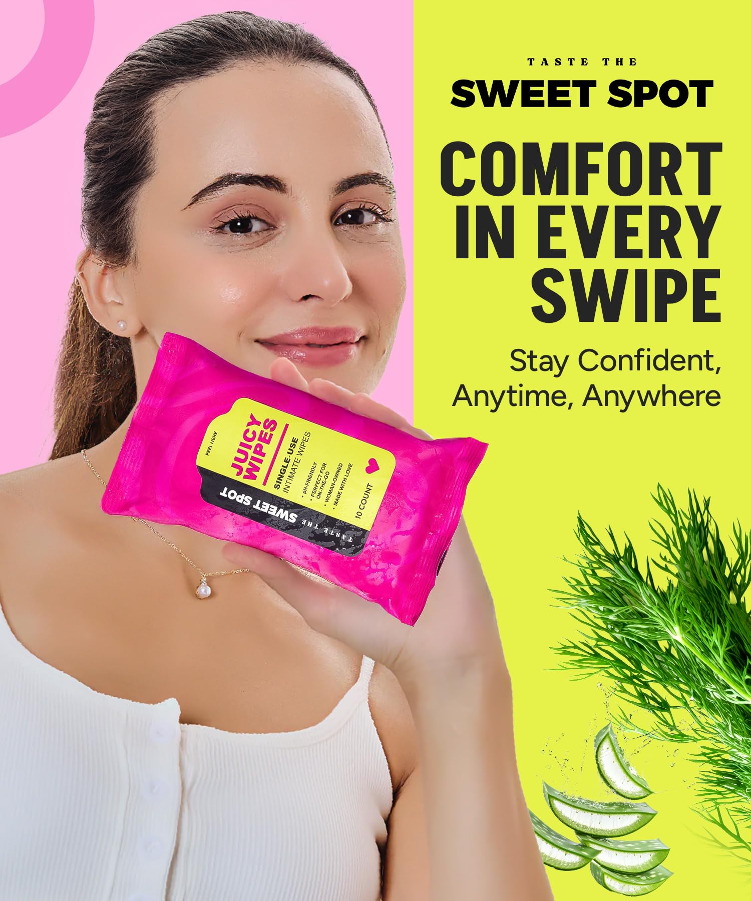 SWEET SPOT Flushable Feminine Wipes for Odor Control, pH Balance - Paraben-Free & Vegan, Intimate Wipes with Aloe Vera & Botanical Extracts - Ideal for Periods, Gym & Travel - 10ct