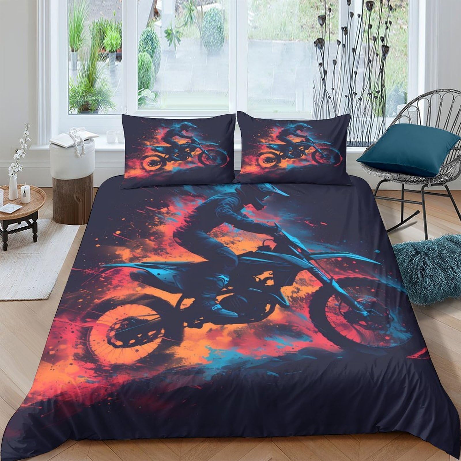Ctjqhvkz Style-5 3D Printed Fire Motorbike Fitted Sheet Microfiber Soft Breathable Neon Rider Bed Cover For Bedroom Dorm Decor Single（135X200cm）