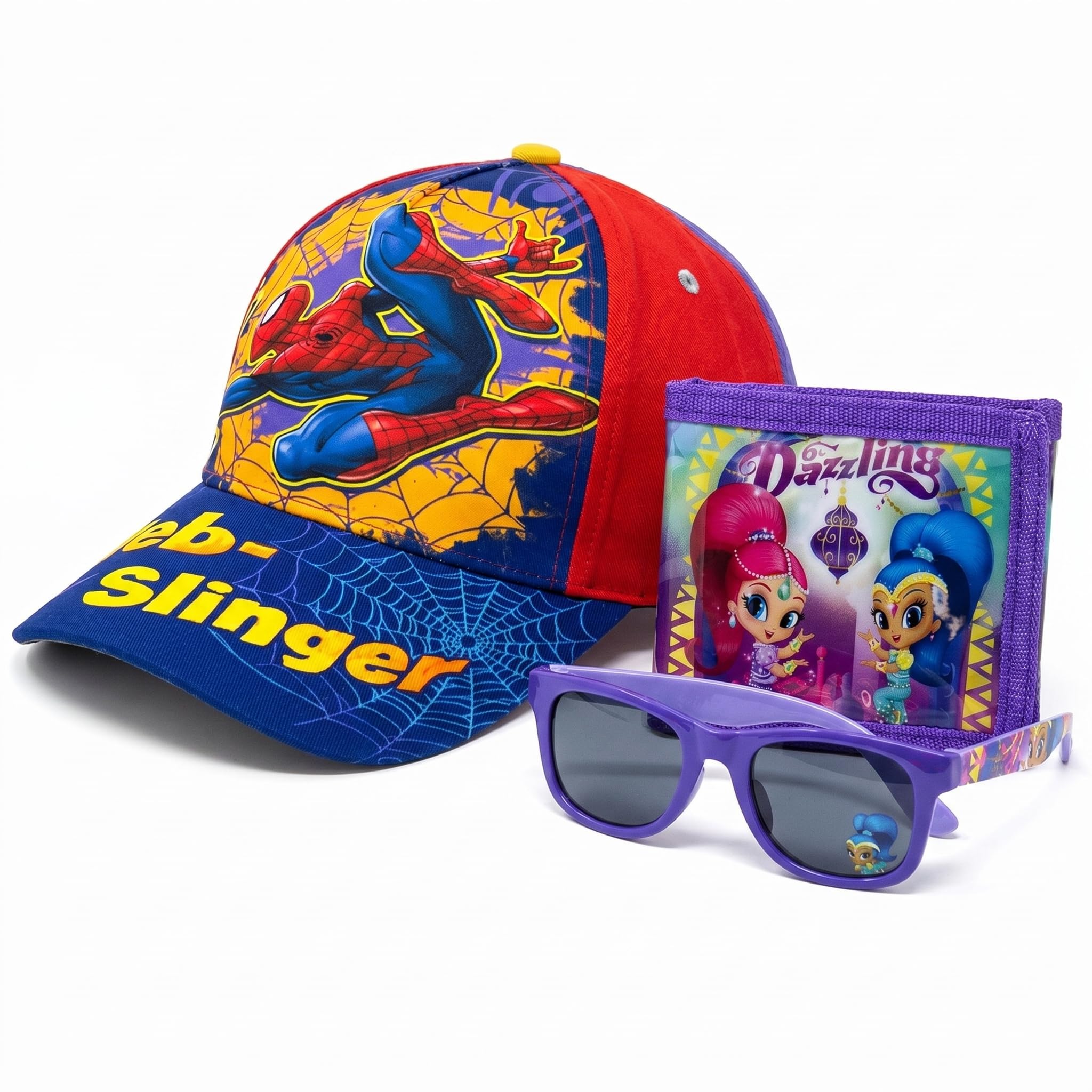 Shimmer & Shine Kids Sunglasses & Wallet Set with Spiderman Baseball Cap for Boys & Girls – UV400 Polarized Kids Sunglasses, Cotton Sun Hat for Outdoor Travel, Picnic, School & Beach