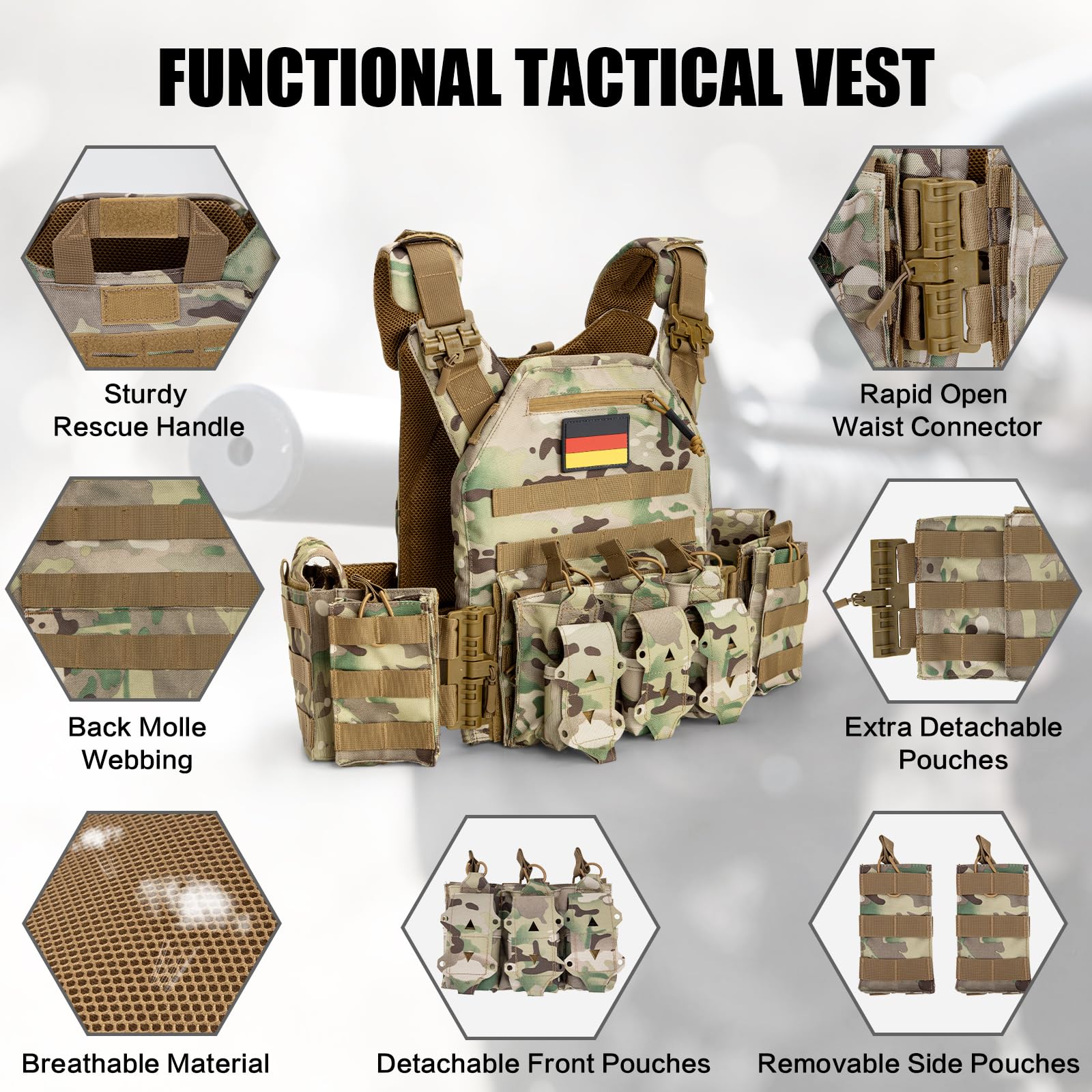 Jueachy Taktische Weste Airsoft Plattenträger: Quick Release Militär Weste Einstellbar Atmungsaktiv Beschwerte Weste für die Ausbildung - Plate Carrier Molle Schutzweste für Herren Paintball Polizei