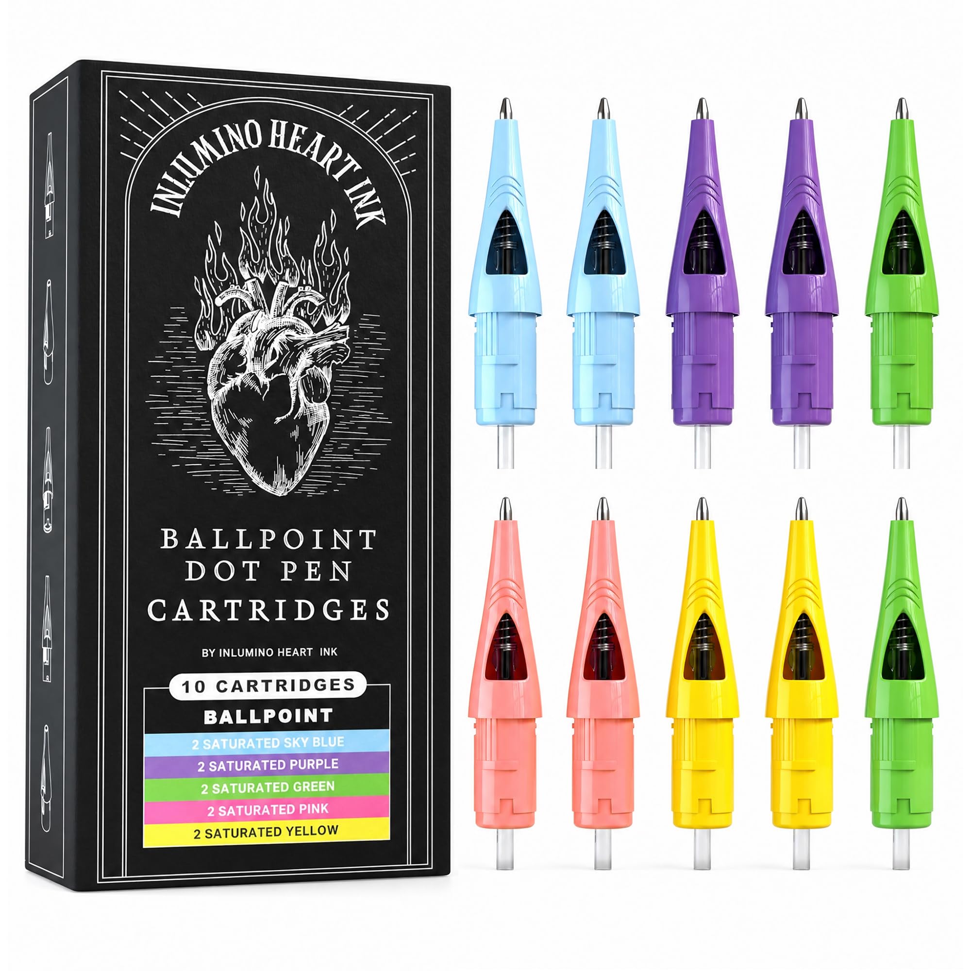 Inlumino Heart Ink Ballpoint Tattoo Cartridges - Saturated Multi (10-Pack)