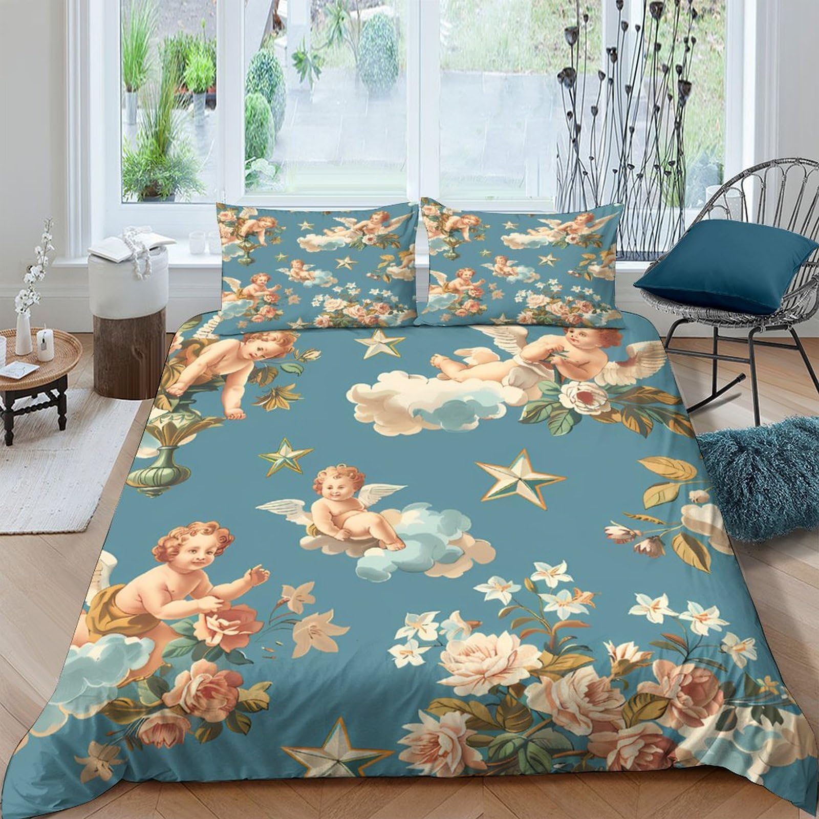 GPLZQXKJNH 3D Printed Cherub Angel Duvet Cover Microfiber Blue Floral Bedding Set with 2 Pillowcases for Bedroom Home Decor Single（135x200cm）