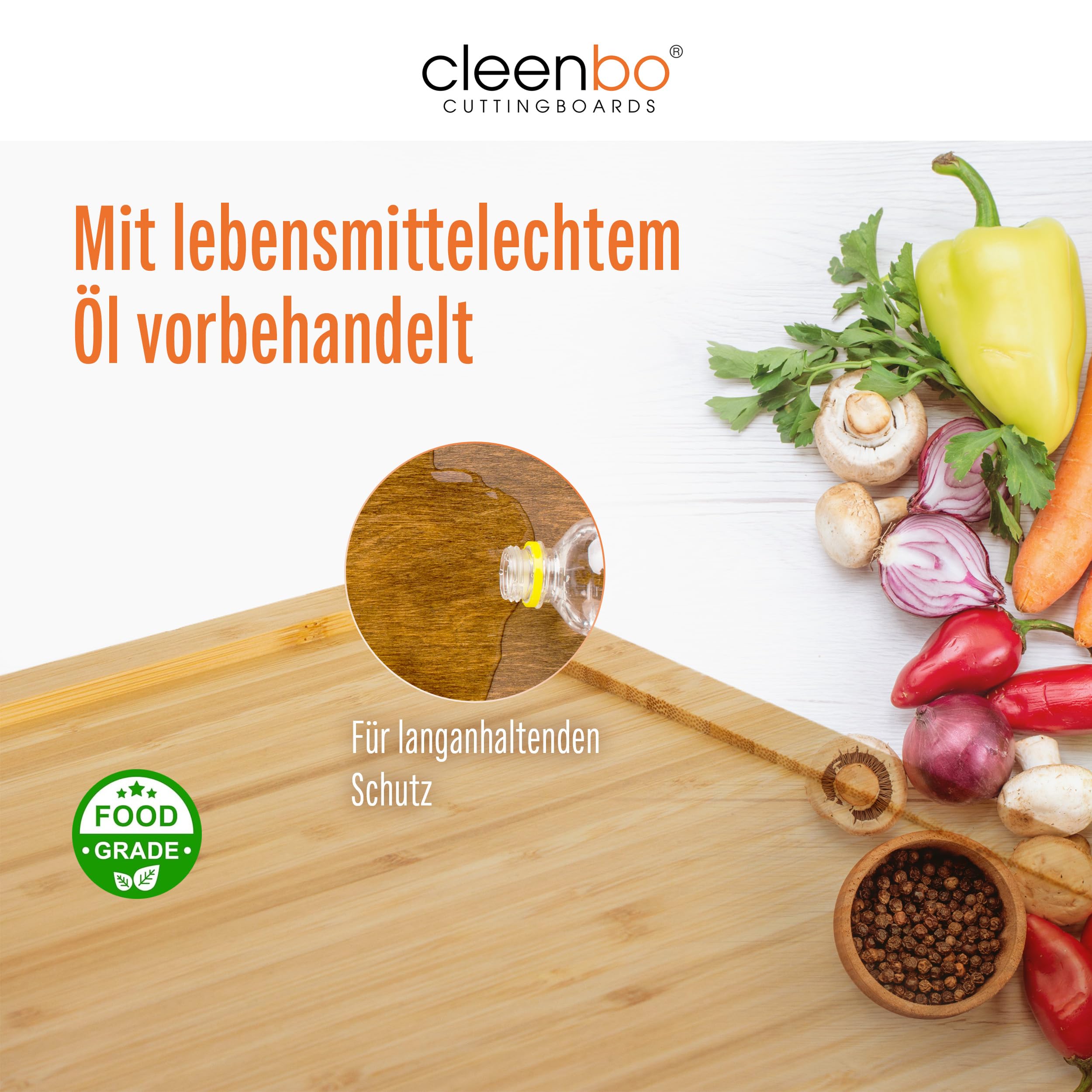 Schneidebrett "duo classic bamboo BBQ" mit zwei Auffangbehälter, Profi Holz Küchenbrett - Schneidbrett XXL extra groß aus Bambus mit 2 Edelstahl Auffangschalen & Saftrille - 55 x 38 x 8,7cm