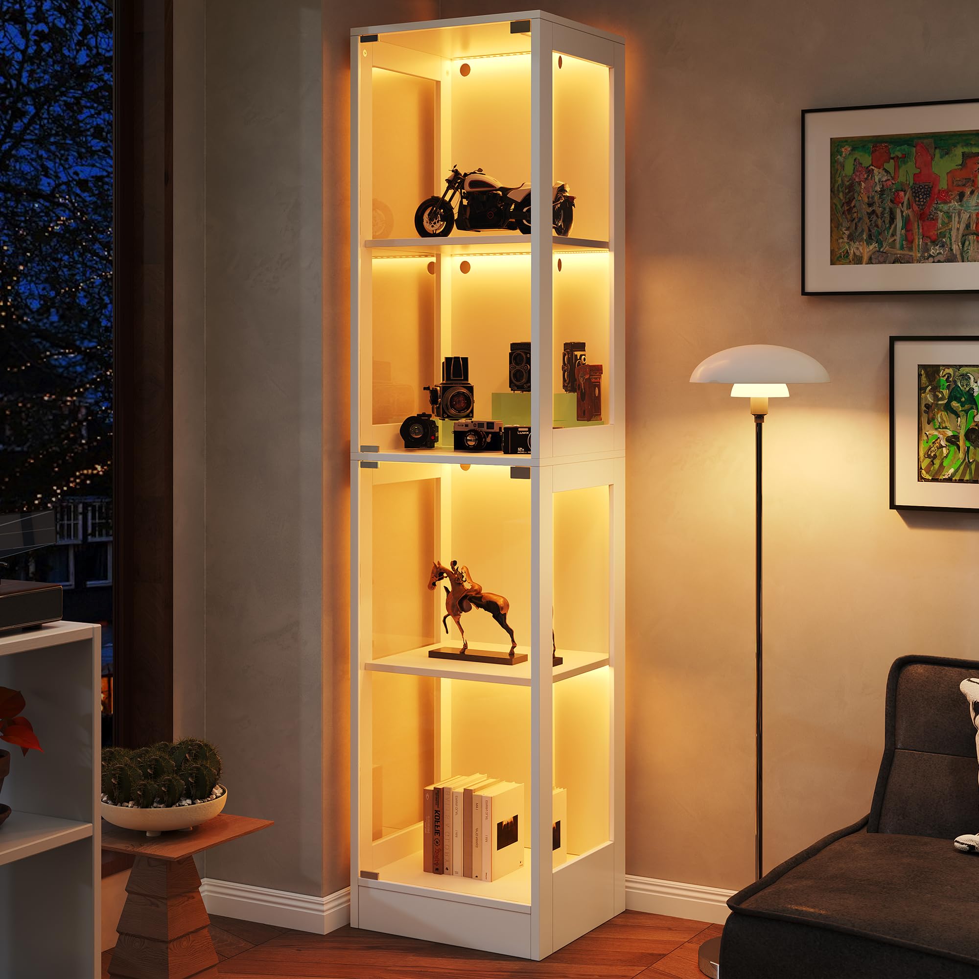 Vitrina de colección LED, cristal templado, 40 x 35 x 170 cm, puerta única, luz LED controlada por aplicación, cuatro pisos, puerta push-to-abierta, blanco minimalista