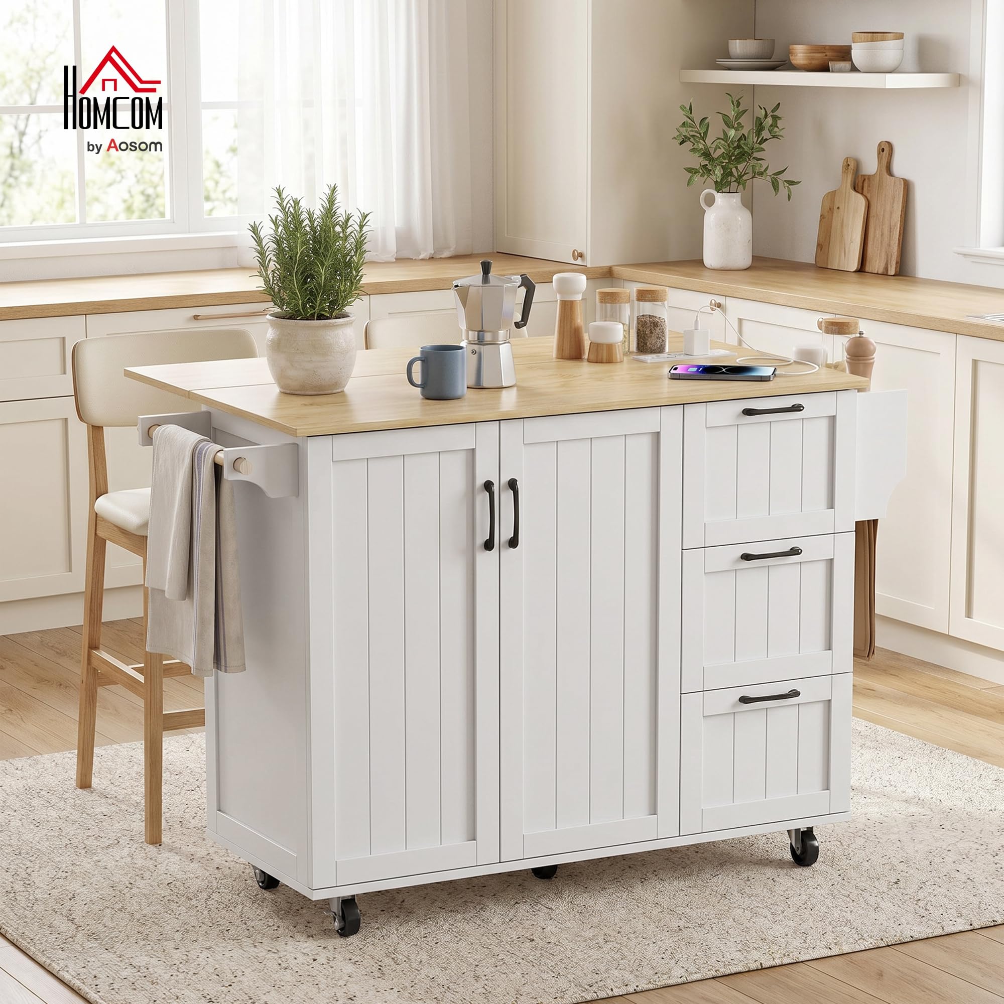 HOMCOM Isla de Cocina con Encimera Extensible y Estación de Carga, Carro de Cocina con Ruedas, 2 Puertas, 3 Cajones, Estantes Ajustables, Especiero y Toallero, Blanco