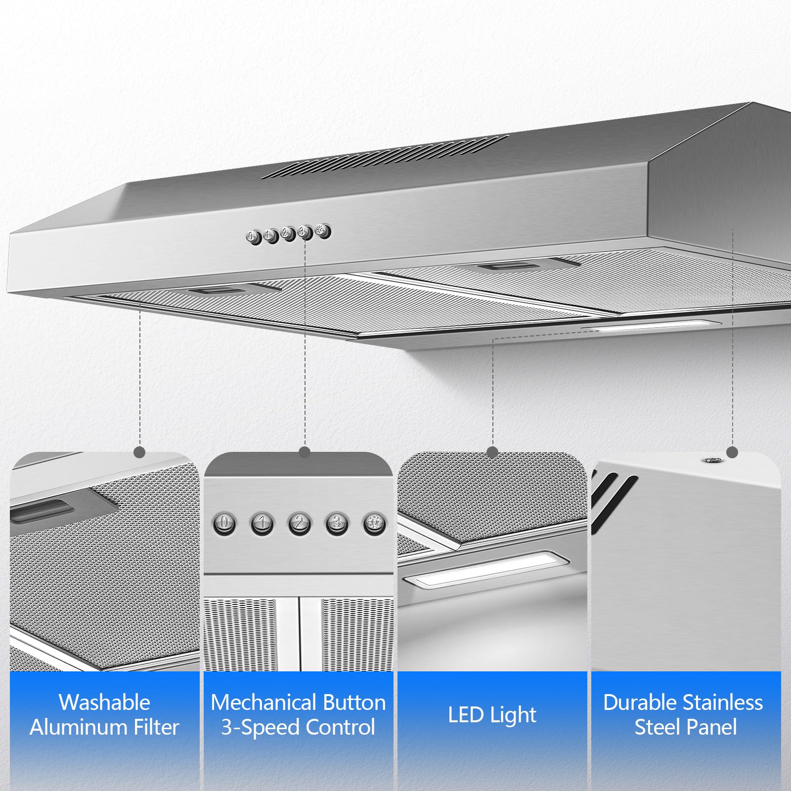 TopStrong Campana Extractora 60 cm Integrable, 250 m³/h Extractor de Cocina Slim, 3 Velocidades, Clase A+, LED, Acero Inoxidable 430, Recirculación y Extracción