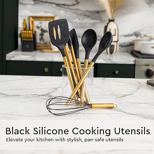 Miniatura 4 de Juego de utensilios de cocina negros y dorados, juego de 19 piezas, incluye juego de utensilios de cocina dorados de acero inoxidable, utensilios de