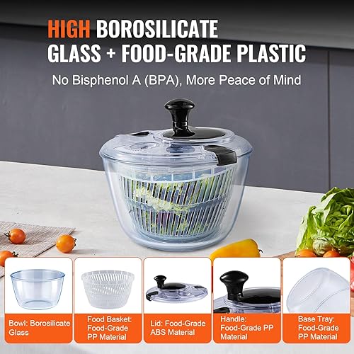 Miniatura 4 de VEVOR Girador de ensalada de vidrio, 4.75 cuartos de galón, lavadora grande de secadora de verduras con una sola mano, limpiador y secadora de