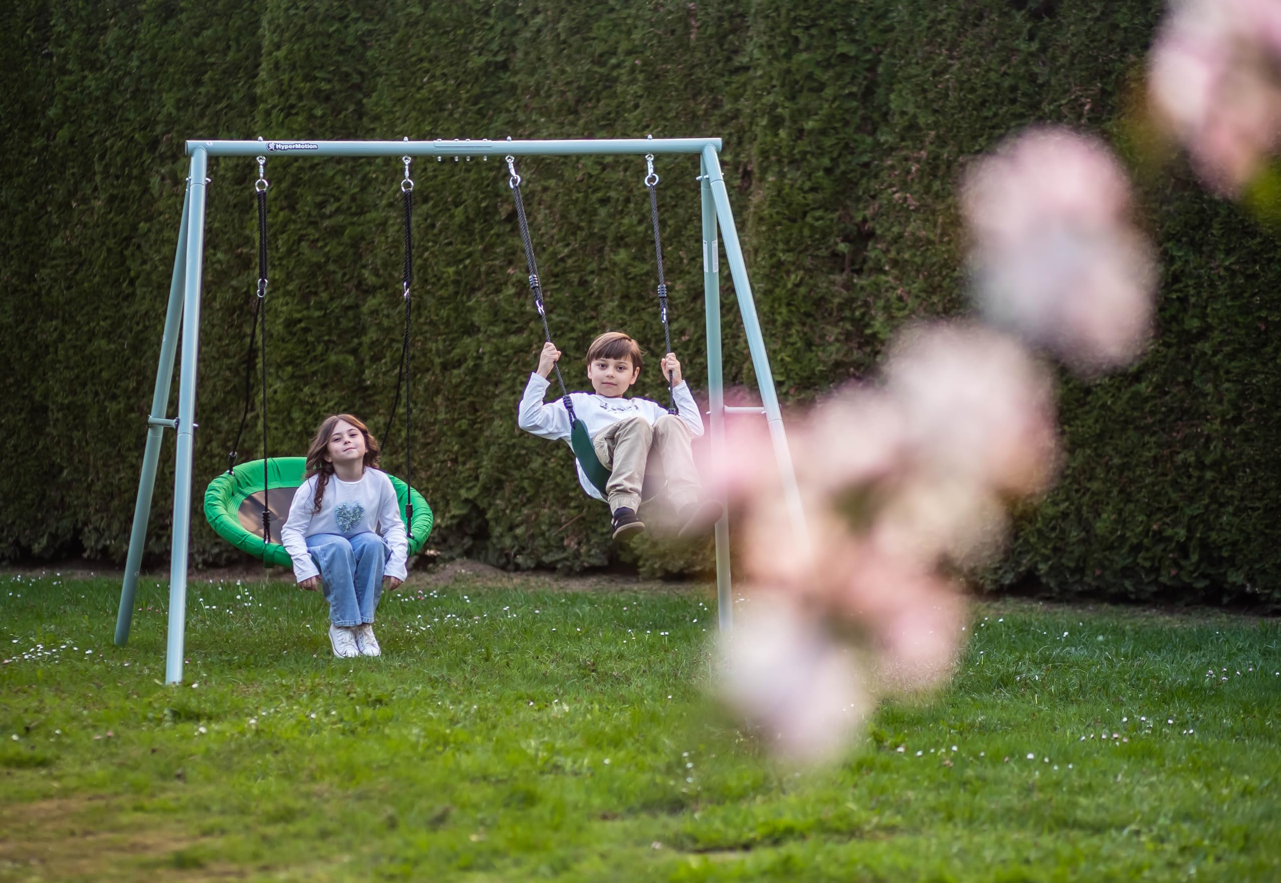 HyperMotion Columpio Infantil Doble para Jardín Exterior - Asiento y Nido de Cigüeña Ajustable con Estructura en A - para 2-3 Niños, Carga 200kg, Resistente UV