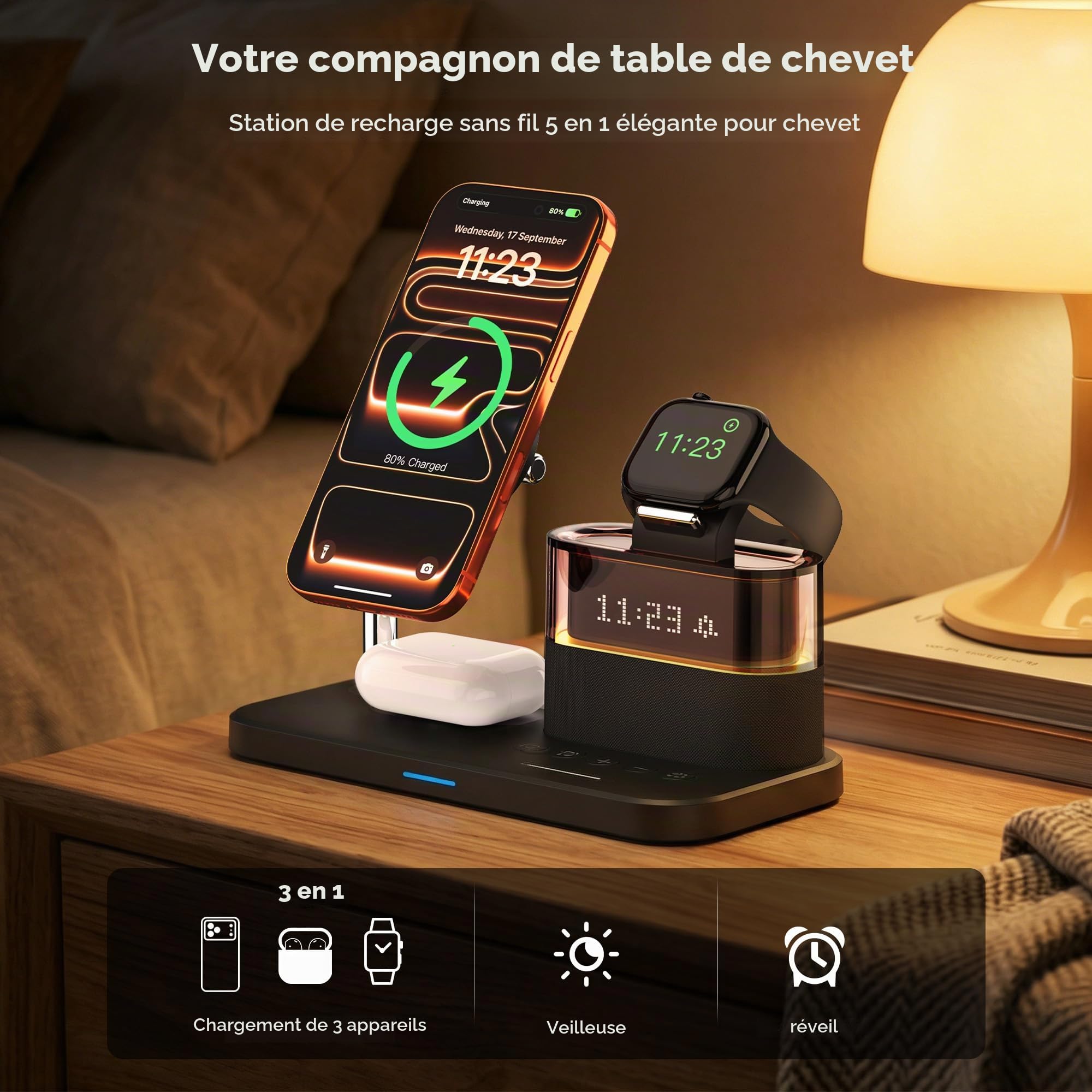 Chargeur Induction 3 en 1 Qi2 Magnétique 15W pour iPhone 17/16/15 Pro Max, AirPods 4/3/2/Pro et Apple Watch S10/9/8, Station de Charge Rapide sans Fil avec Réveil et Lumière RGB