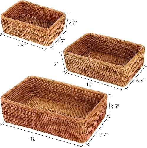 Miniatura 2 de ZENFUN Paquete de 3 cestas rectangulares de almacenamiento de ratán, cestas de mimbre poco profundas para decoración, cestas de pan tejidas a mano