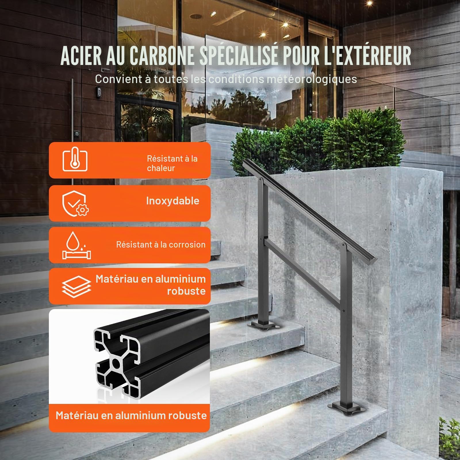 VEVOR Main Courante Escalier 91x89,5 cm Rampe Aluminium Réglable 0-30° Rambarde 2-3 Marches Garde-Corps Capacité 75 kg Épaisseur Tube 2 mm Base 13,2x13,2x0,5 cm pour Jardin Extérieur Maison Bâtiment