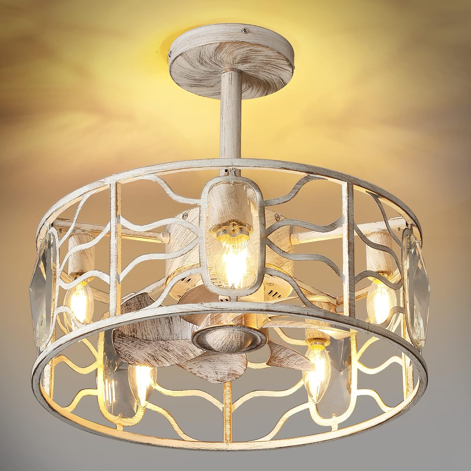 KINGTORO Chandelier Fan with Light White, Crystal Fan Light with Remote