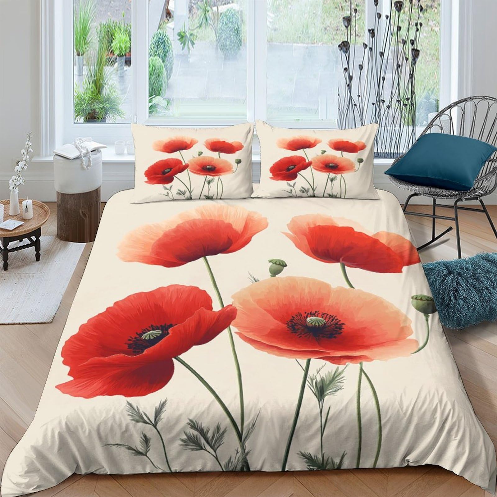 Ctjqhvkz Style-6 3D Printed Red Poppy Fitted Sheet Microfiber Soft Anti-Slip Watercolor Flower Mattress Cover For Bedroom Guest Room Decor Single（135X200cm）