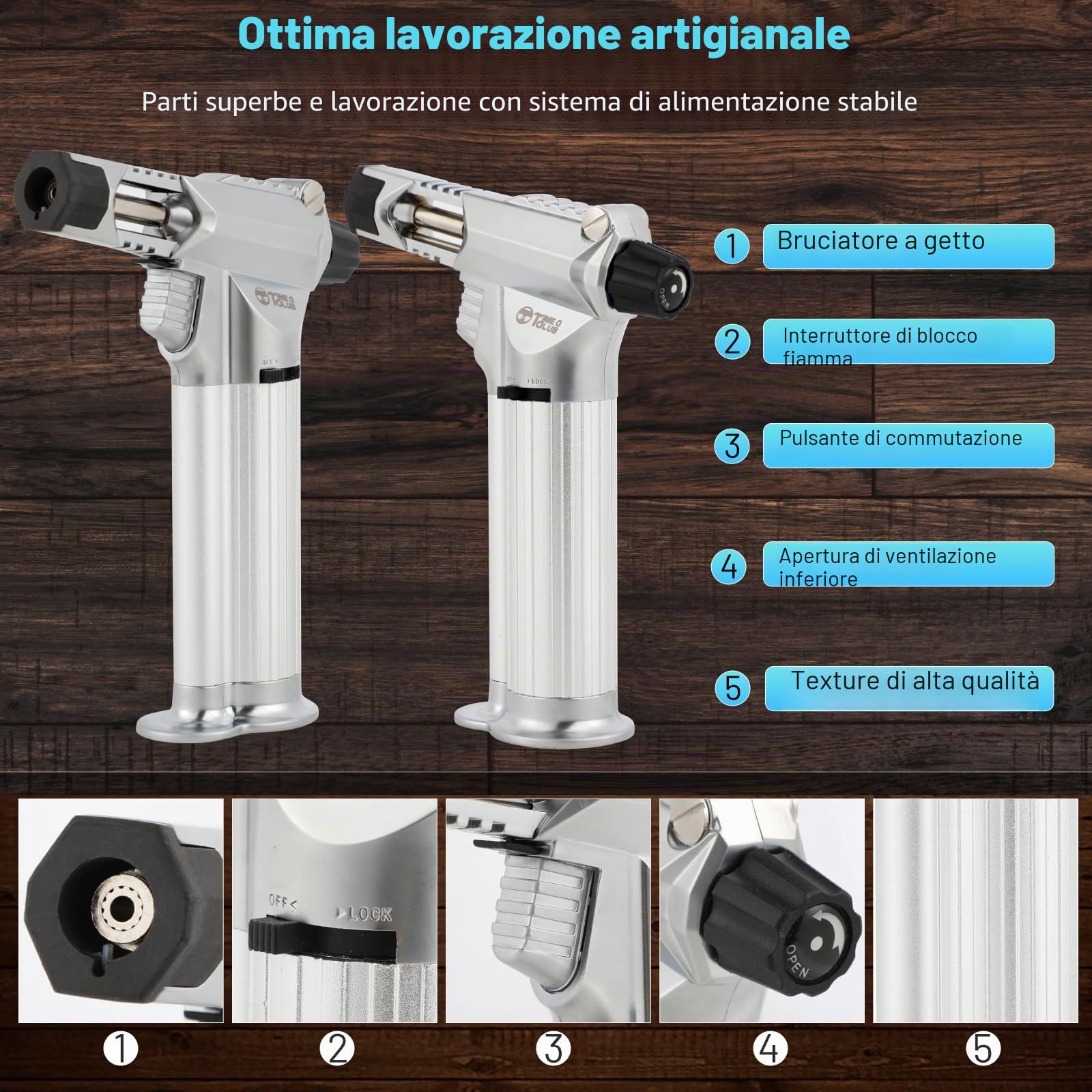 Tutto in metallo, bruciatore professionale da cucina con blocco di sicurezza, fiamma multiuso ricaricabile regolabile, per barbecue all'aperto, cottura