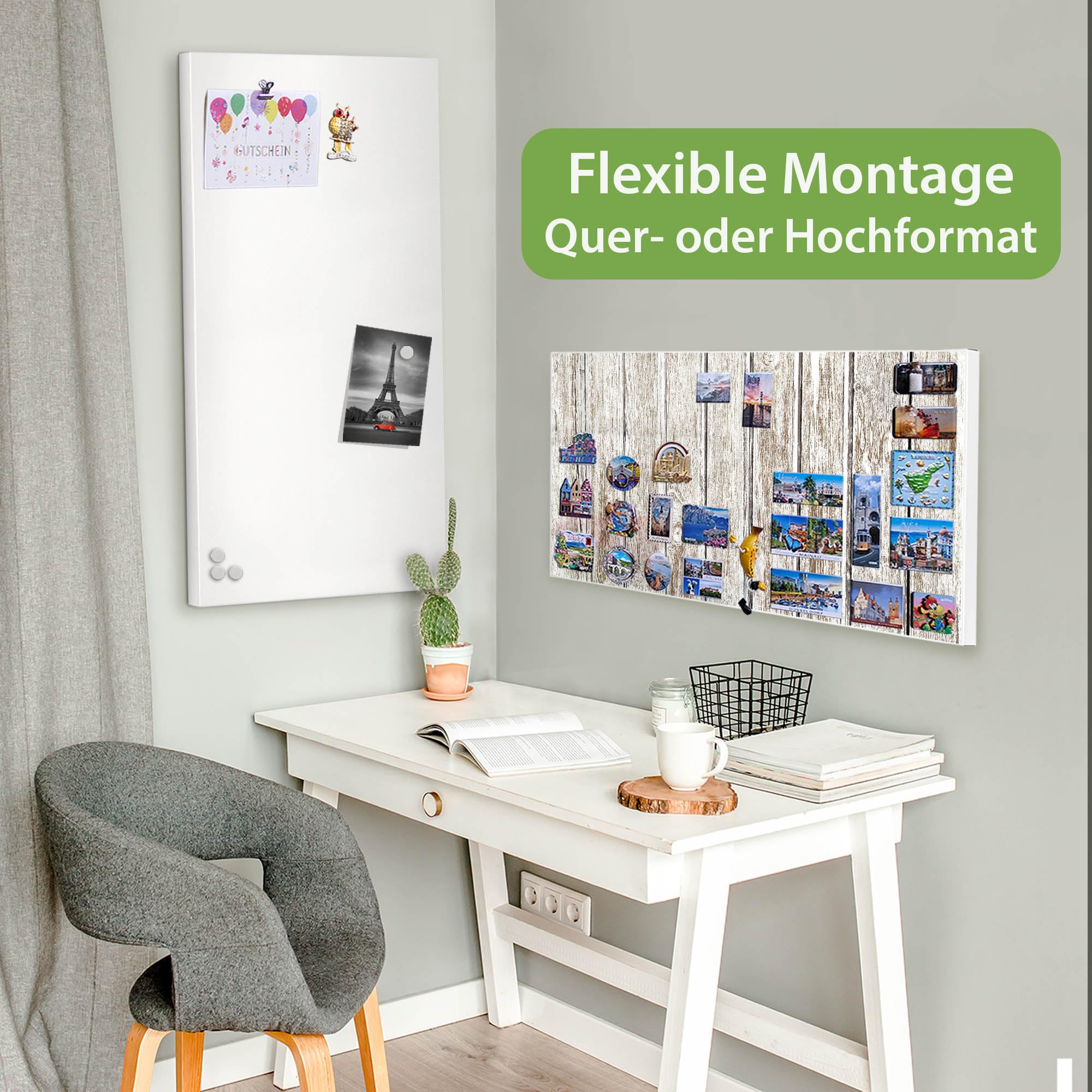 banjado Magnettafel Metall 78 x 37cm - beschreibbare Magnettafel - Metall Pinnwand als Memoboard - Magnetwand Küche, Büro, Kinderzimmer Weiß inkl. 4 Magnete & Montageset - Motiv Weißes Holz