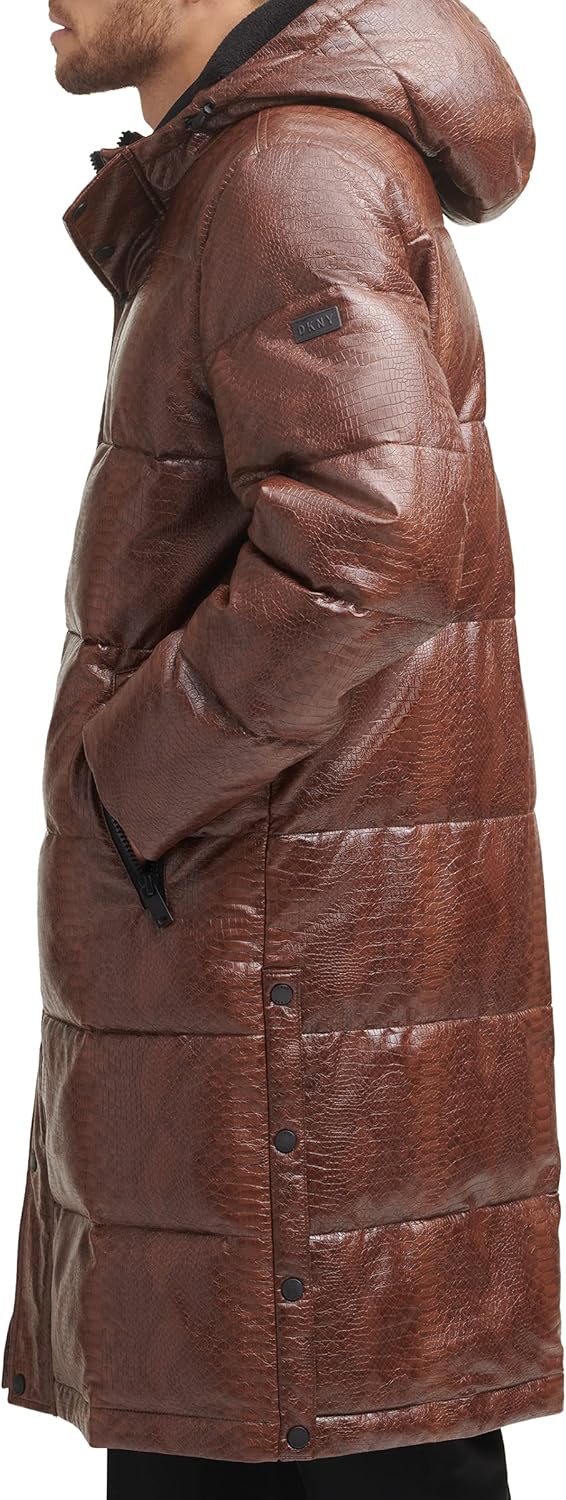 DKNY Men's Faux Leather Long Quilted Fashion Coat