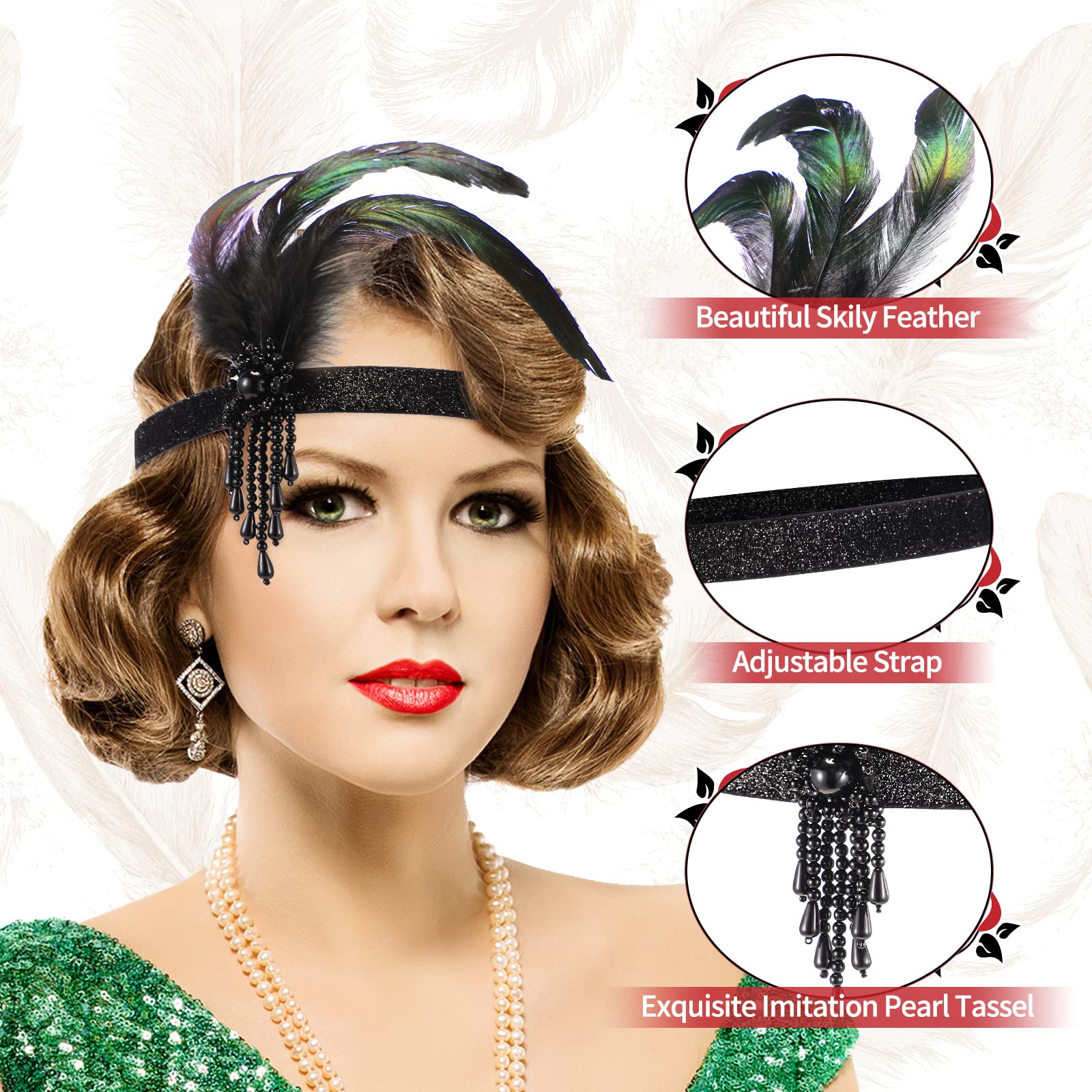 HESTYA 5 stuks jaren 20 flapper accessoireset vrouwen sjaal veer hoofddeksel kunstparels halsketting lange handschoenen, zwart, One size
