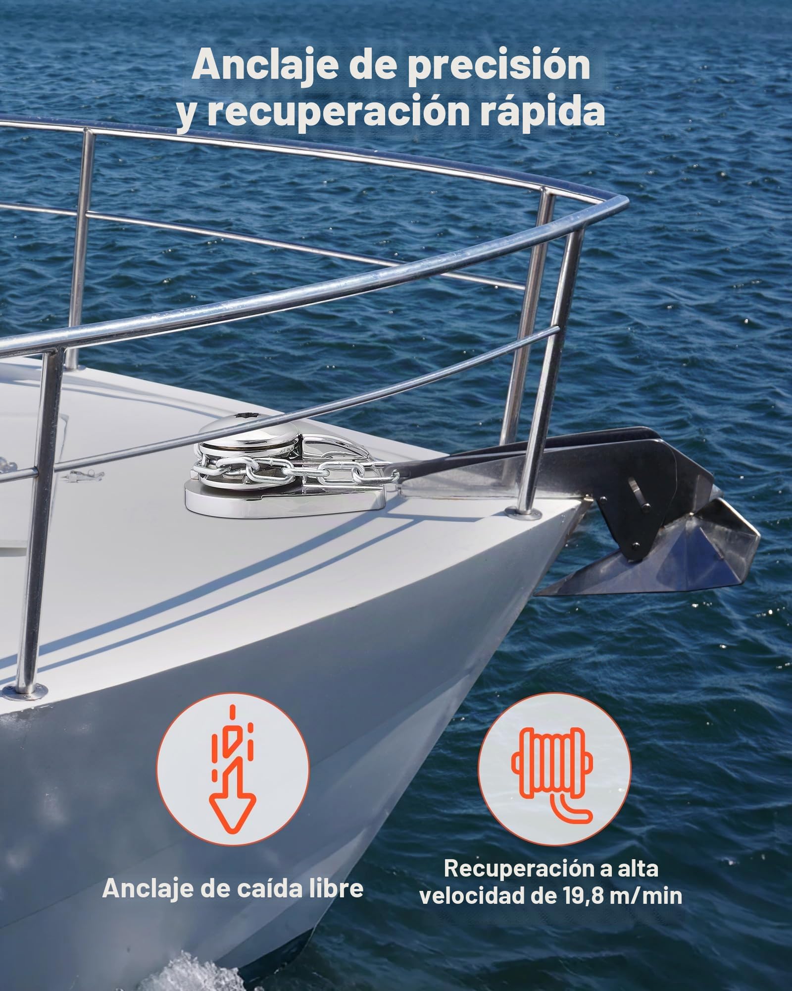 VEVOR Molinete de Ancla Eléctrico, 12 V CC, para Barco de 6 a 11 m, Tracción Máxima de 320 kg, 600 W, Compatible con Cadena de 6,35 mm o Cuerda de Nailon de 14 y 16 mm, Acero Inoxidable 316