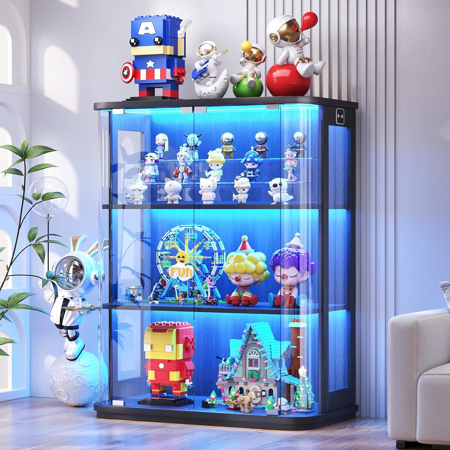 BROTTAR 3-stöckige runde Vitrine mit Glastür, 3-farbige Beleuchtung, Bewegungssensor, durchgehend transparenter Schrank für Sammlerstücke, Spielzeug & Bücher (Schwarz)