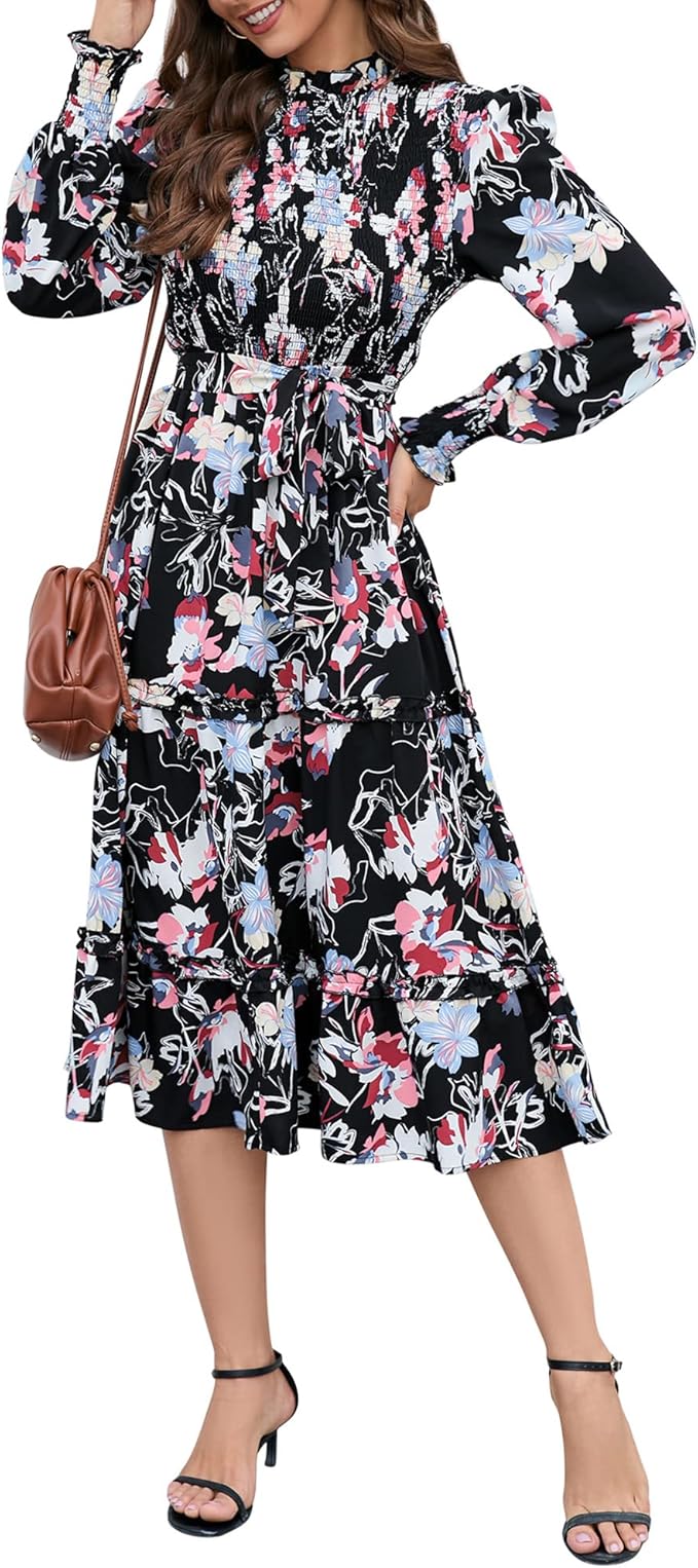 KOJOOIN Women's Ruffle Mock Neck Long Sleeve Smocked Midi Dress Casual Floral Print Elastic Waist Tiered Long Dress
