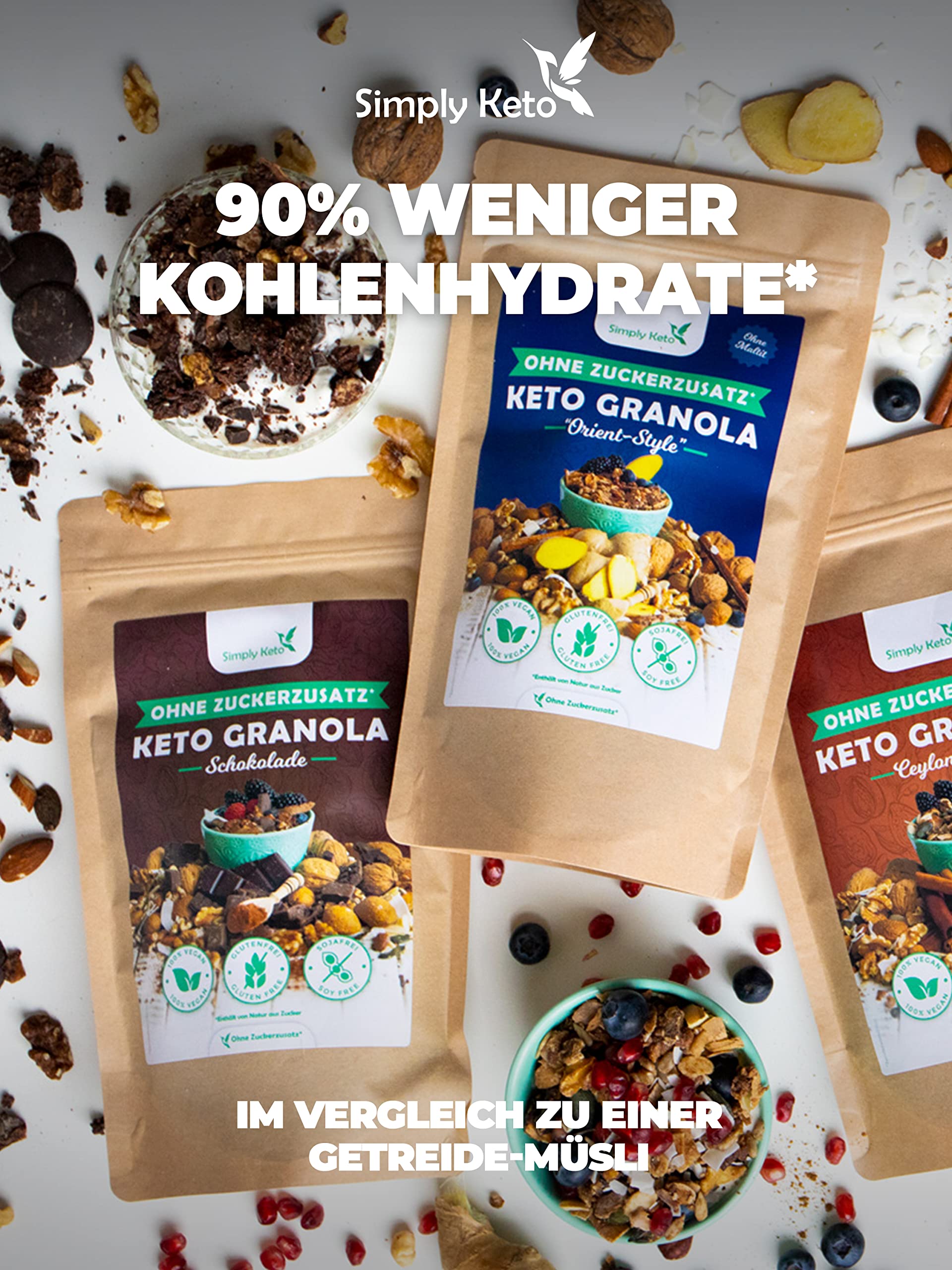 Simply Keto Muesli crujiente de chocolate - Muesli bajo en carbohidratos sin azúcar - 250g Delicioso Muesli Keto para un desayuno perfecto - Paleo y Vegano - Sin soja, lactosa y gluten - 250g