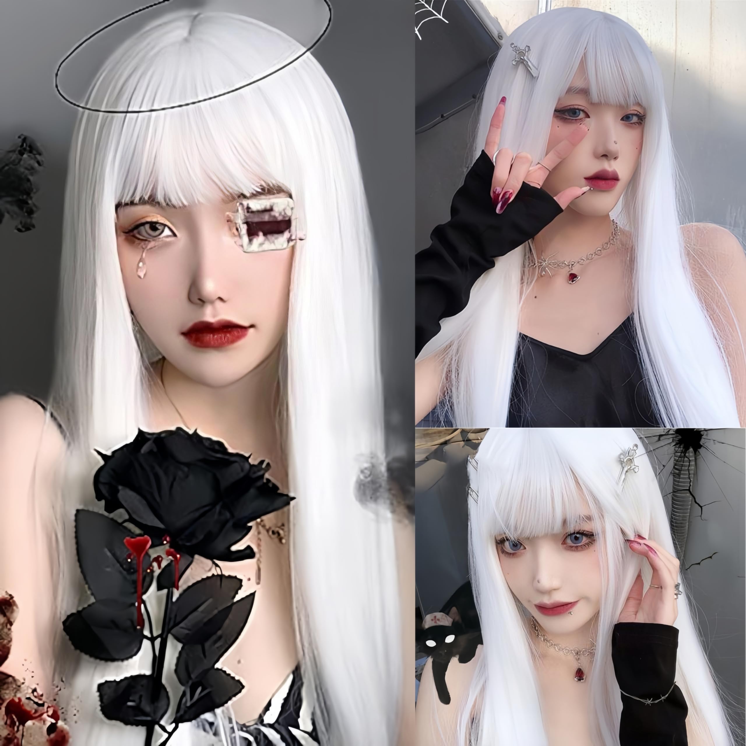 Siudus Womens White Straight Long Wigs with Bangs Cosplay Synthetic Fibre Hair Wig for Party Halloween Use - Image 2
