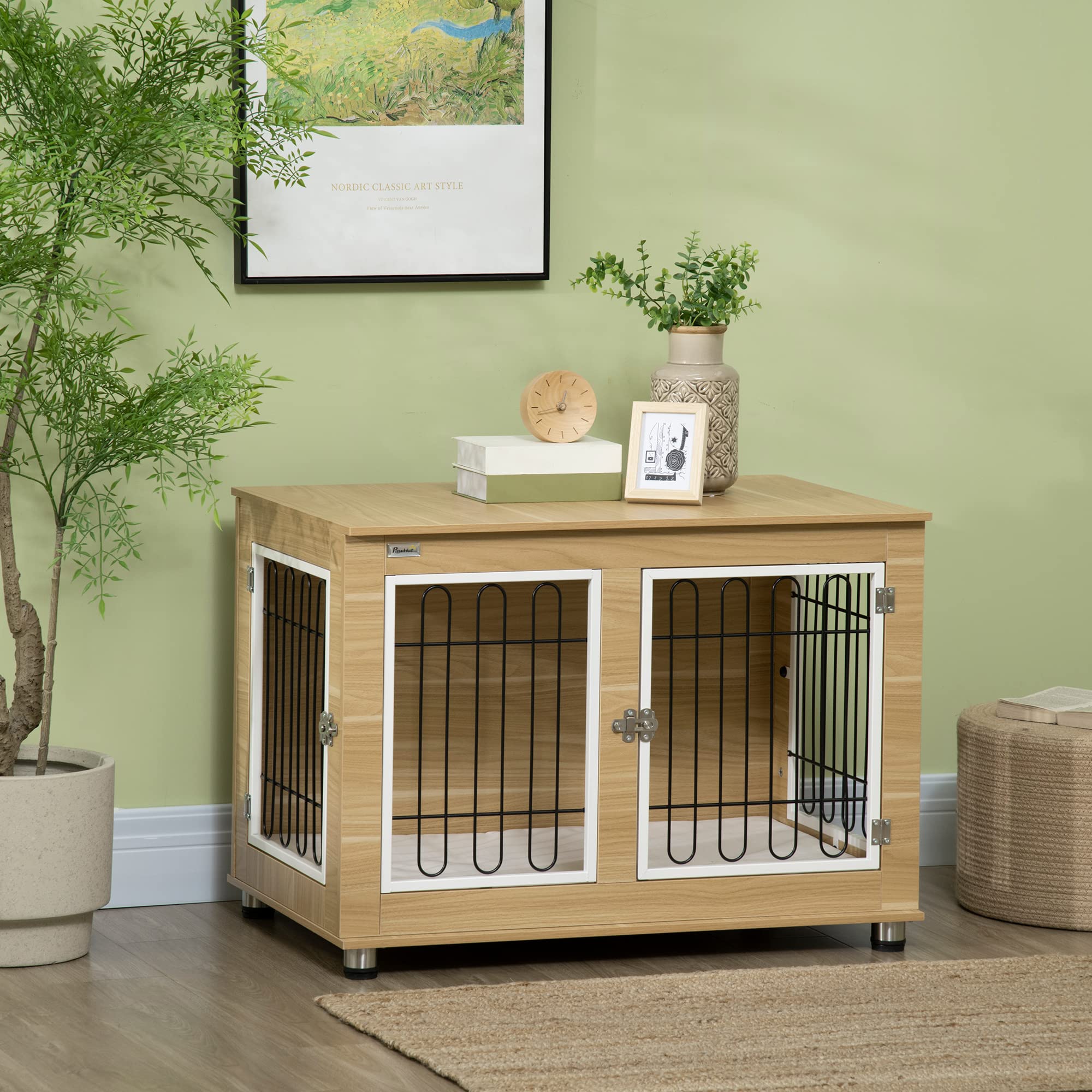 PawHut Jaula para Perros, Muebles con 2 Puertas, Cojines, 2 Cierres, Caja de Metal para Perros para el hogar, Interior, caseta para Perros Grandes de hasta 25 kg, Mesa Auxiliar para Perros, 90 x 58 x