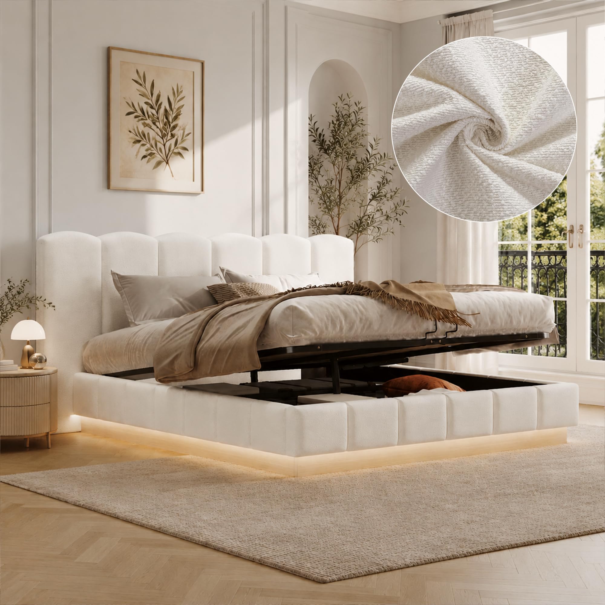 Evedy Lit Coffre 180x200 cm avec Rangement Hydraulique et LED, Lit Double avec Kopfteil Nuage et Latte, Lit en Bouclé Beige pour Chambre Moderne