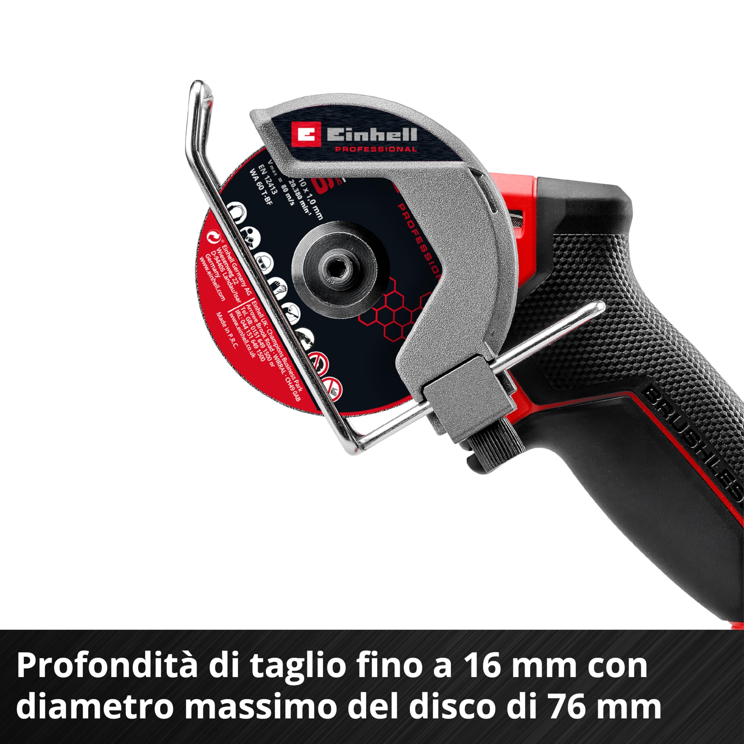 Smerigliatrice Einhell Professional TP-CO 18/76 Power X-Change (18 V, brushless, disco Ø 76 mm, profondità di taglio 16 mm, impostazione profondità di taglio, incl. 4 dischi, batteria esclusa)
